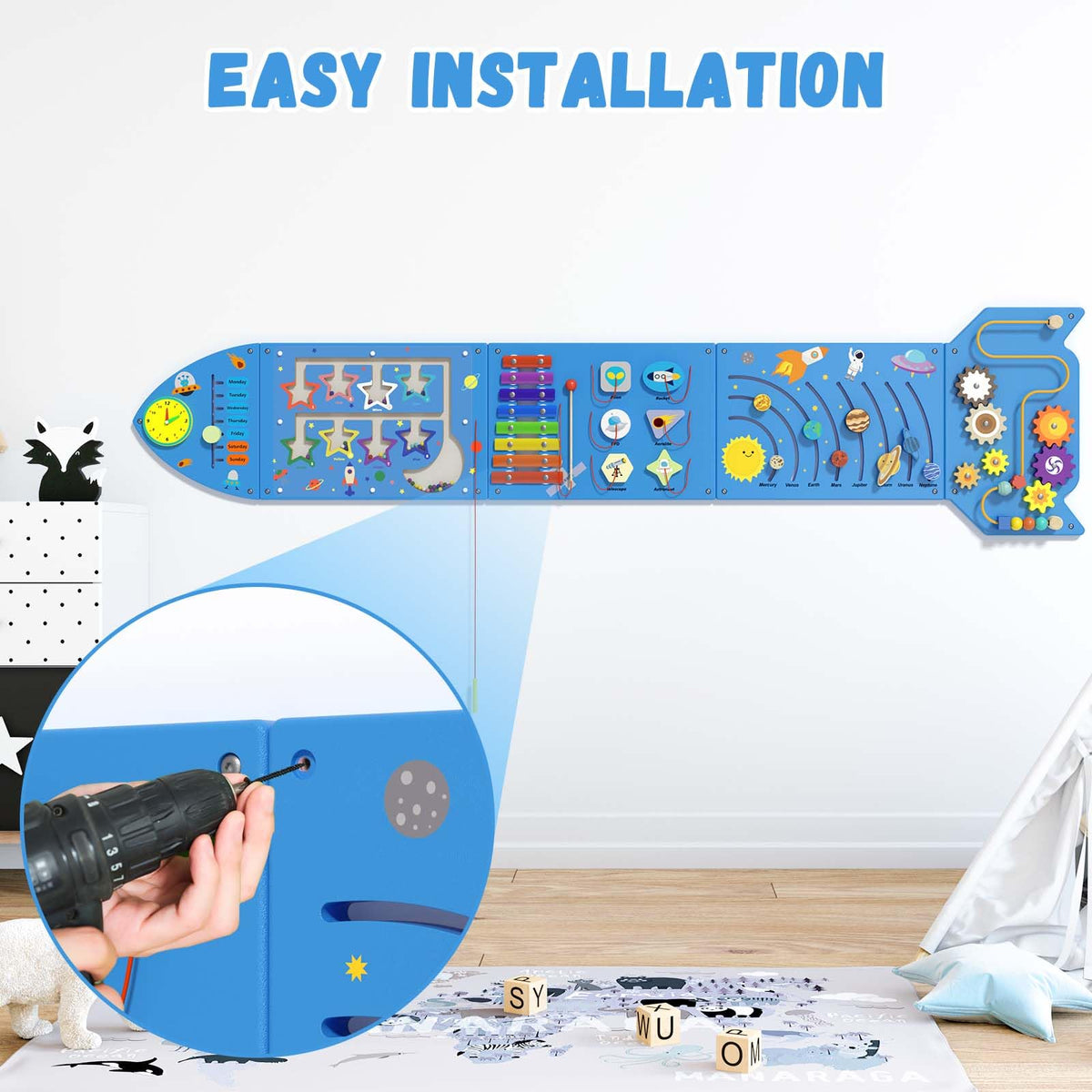 Spacocld Rocket Activity Wall Busy Board Panels - Sensory Wall Panel for Kids, Montessori Toddler Wall Activity Board, Wall Toys for Toddlers 3, Activity Cube, Wooden Multi-Activity Boards, Blue(5PCS)