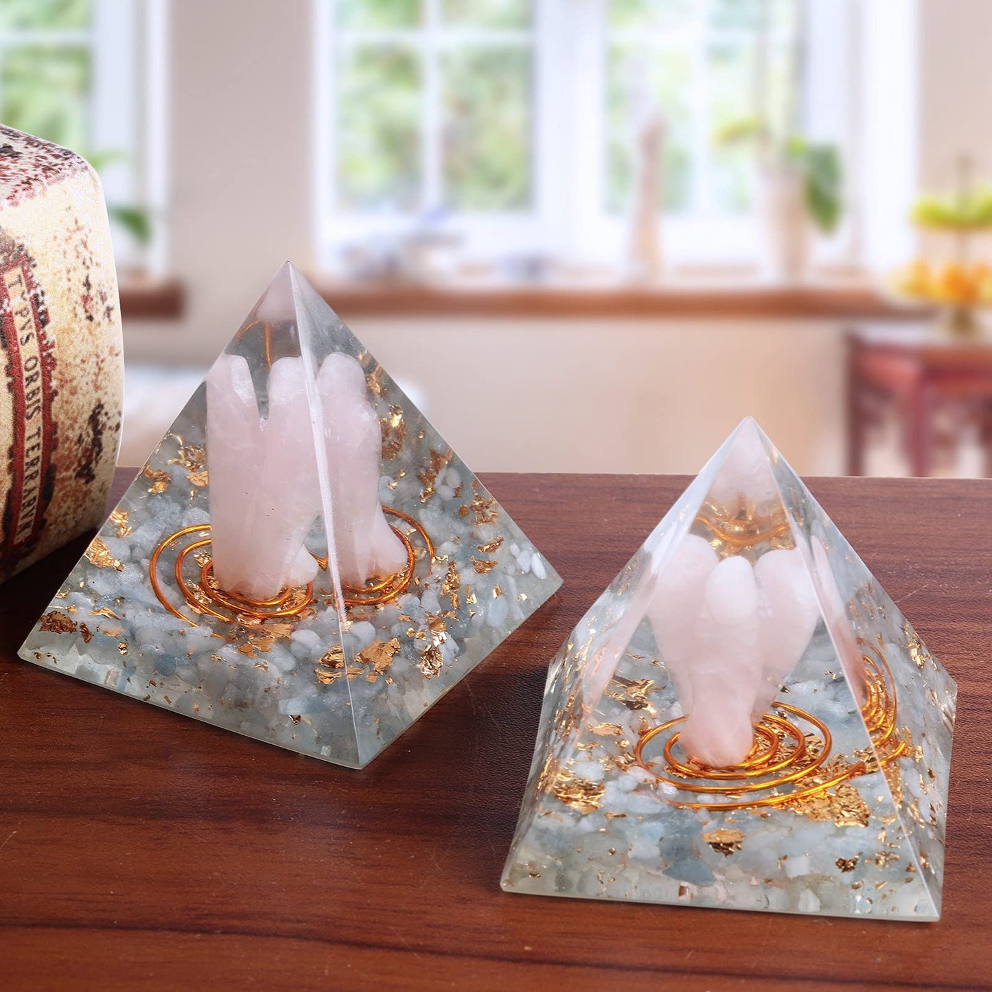 mookaitedecor Aquamarine Crystal Orgone Pyramid with Rose Quartz Guardian Angel and Tumbled Stones Orgonite Energy Generator for Protection Reiki Home Decor