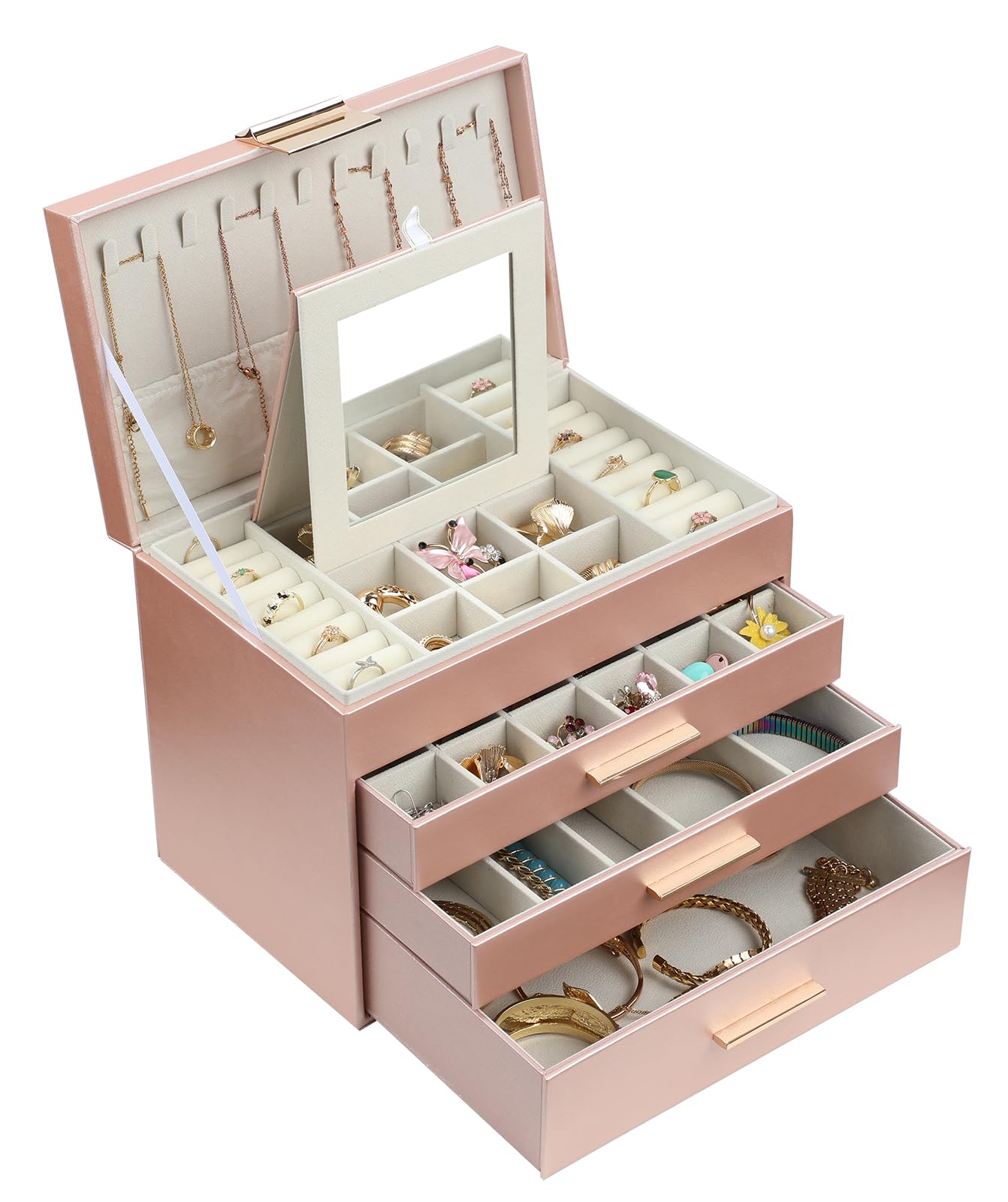BOOVO Jewelry Boxes for Women, 5 Layer Jewelry Organizer with Necklace Hanger and Drawers, Large Jewelry Box for Earrings, Necklace and Bracelet Storage Gifts for Women and Girls (Rose Gold, 5 Layer)