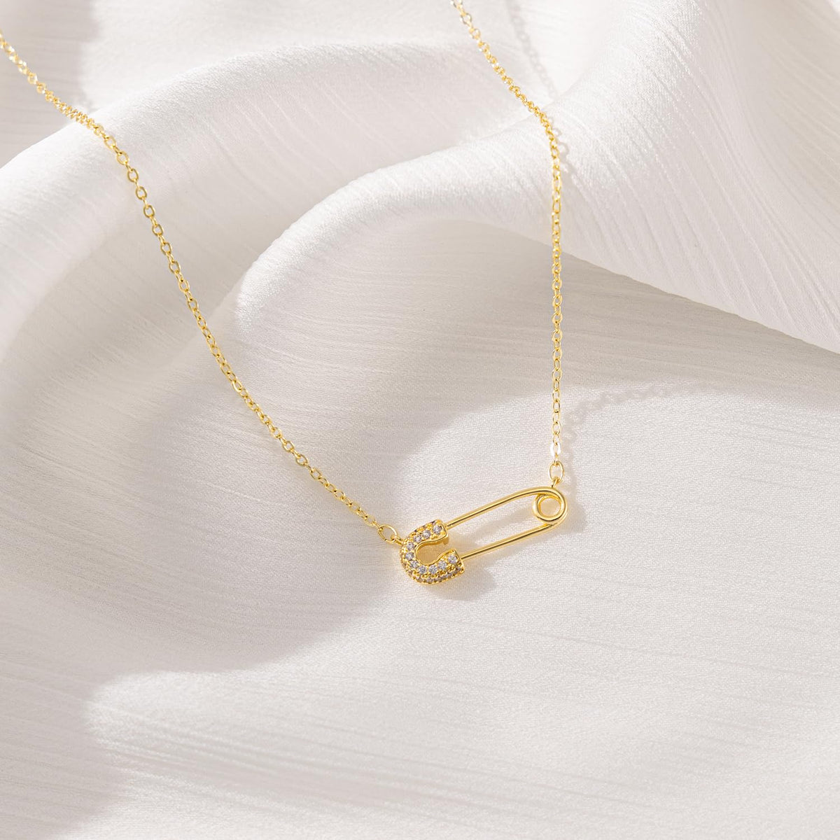 BSGRL Gold Necklace: 14K Gold Plated Dainty Safety Pin Necklace for Women Paved Cubic Zirconia 16.5”+2” in