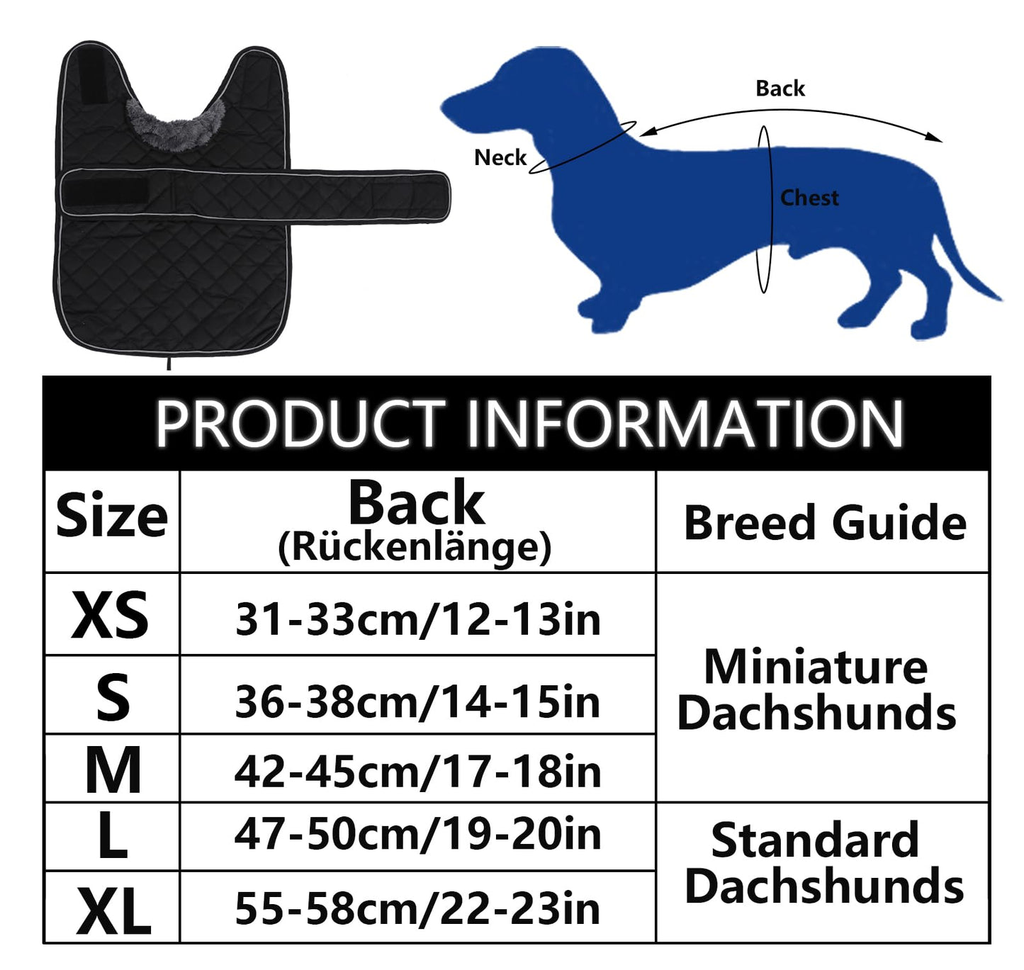 Warm Thermal Quilted Dachshund Coat, Dog Winter Coat with Warm Fleece Lining, Outdoor Dog Apparel with Adjustable Bands-Black-S