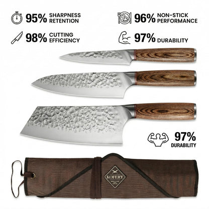 KOFERY 5 Piece Chef Knife Set, High Carbon Stainless Steel Kitchen Knives, Hand Forged Hammered Blades for Meat Cutting and Culinary School, Travel Pouch, Roll Bag, Honing Steel, Block Not Included