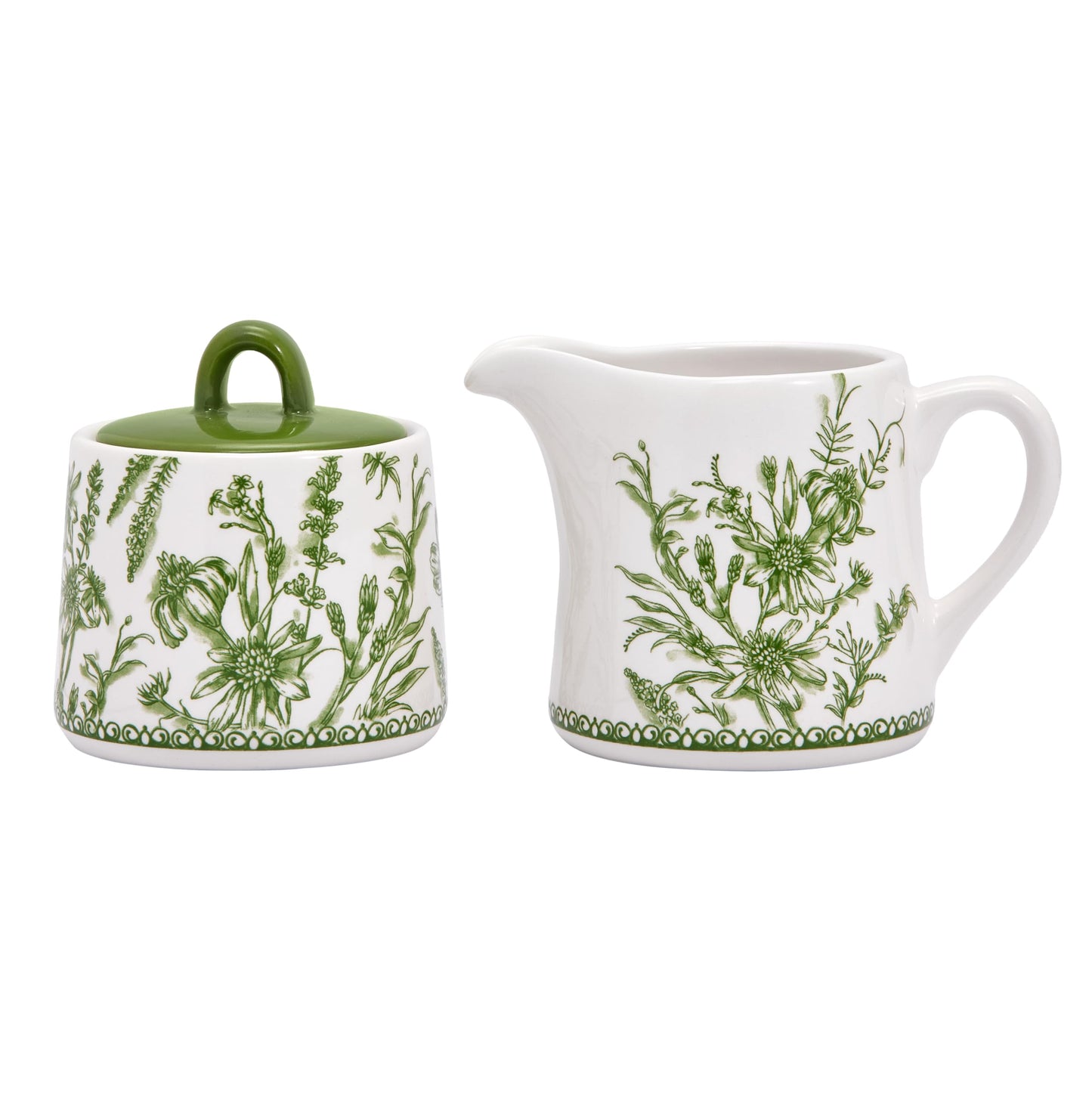 Bico Green Garden Toile De Jouy Ceramic Sugar and Creamer Set, Sugar Bowl with Lid, Cute Container for Coffee Bar, Kitchen Countertop Accessories, Microwave and Dishwasher Safe