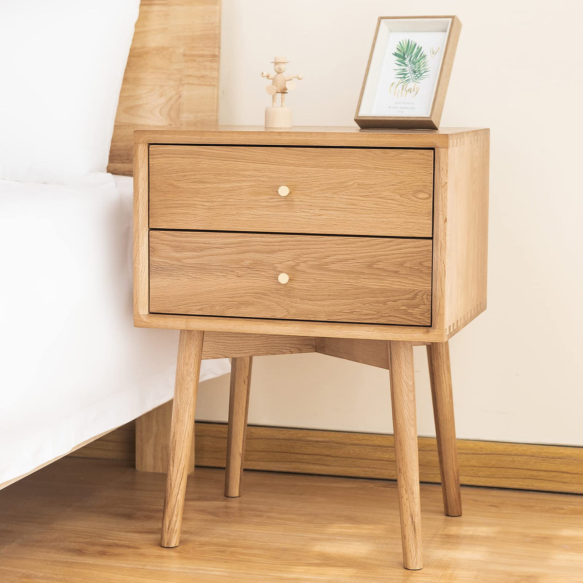 Cttasty Night Stand, Midcentury Modern Solid Wood Nightstand with Drawer, Durable Sturdy Tall Bedside Tables with High Stool Leg, 17.72 W x 13.78 D x 23.63 H Inches (Natural)