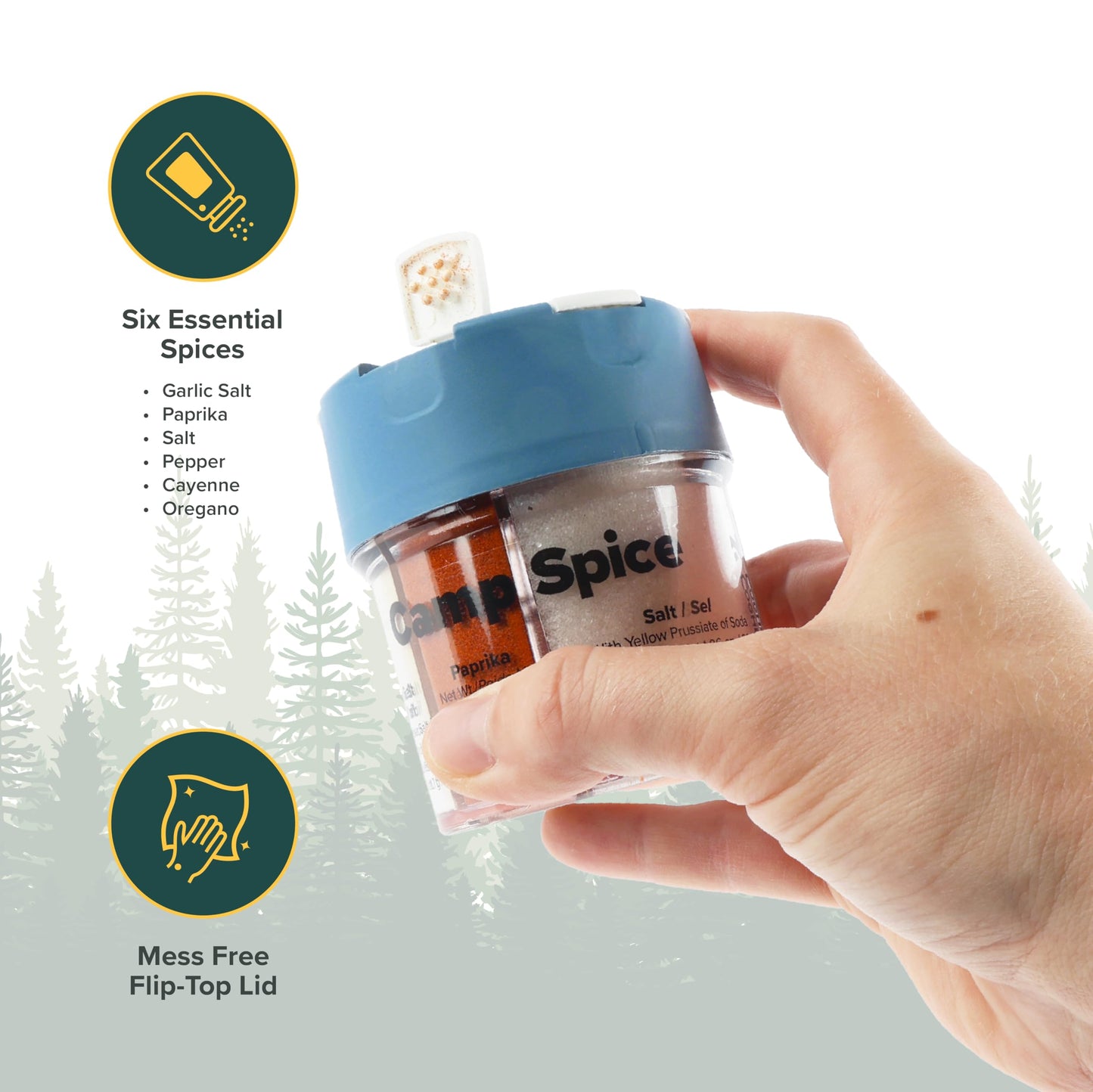 Coghlan’s Camp Spice – 6-in-1 Spice Shaker with Cayenne, Oregano, Garlic Salt, Paprika, Salt & Black Pepper – Compact Seasoning for Camping, BBQs, Travel, Home Kitchens – Made in USA