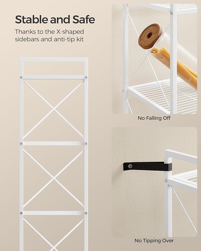 SONGMICS 5-Tier Metal Storage Rack, Shelving Unit with X Side Frames, Dense Mesh, 12.6 x 23.6 x 57.3 Inches, for Entryway, Kitchen, Living Room, Bathroom, Industrial Style, Cloud White UBSC165W01