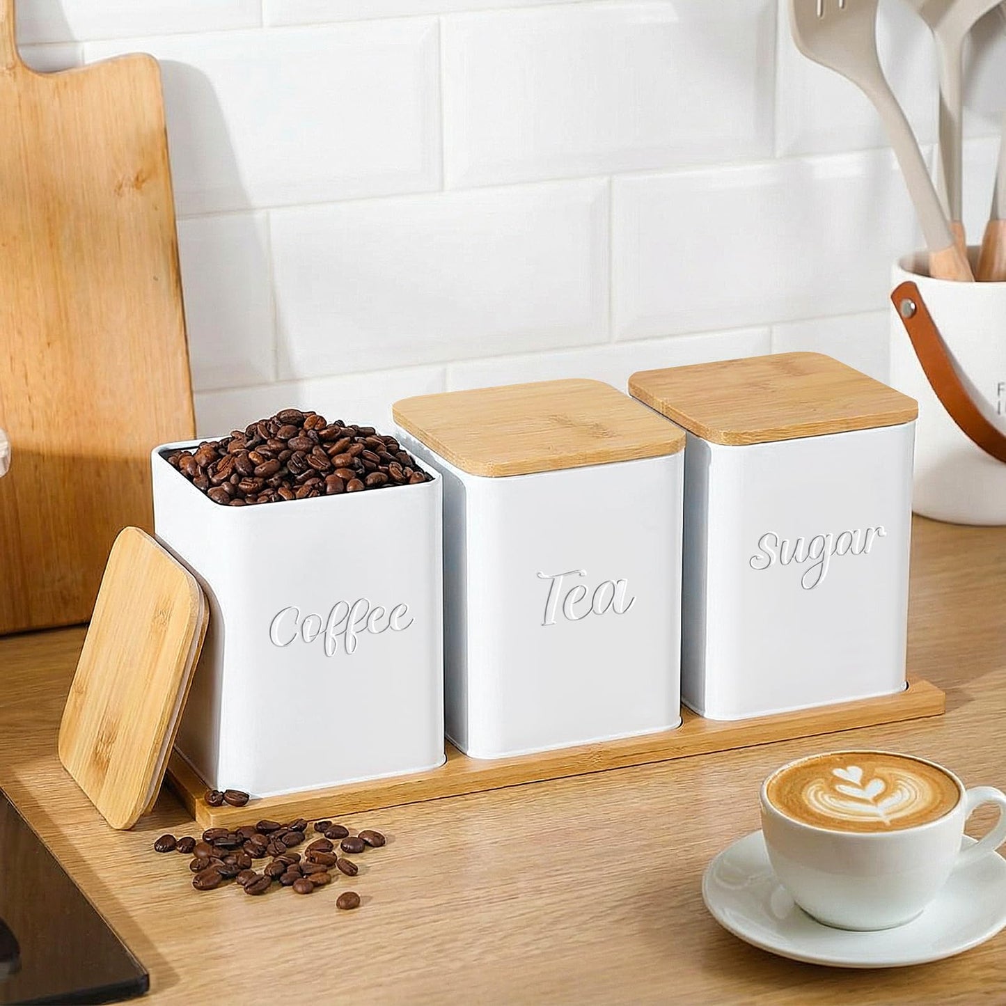 Bokon Set of 3 Coffee Tea Sugar Canisters with Bamboo Lid Tray Airtight Metal Food Storage Containers Jars Decorative Kitchen Canisters Farmhouse Bar Coffee Jars Organization for Countertop(White)