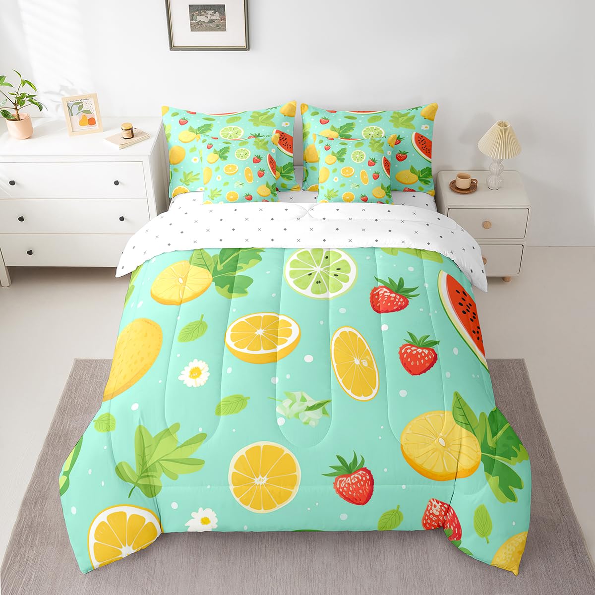 Erosebridal Tropical Fruit Full Bedding Sets 7-Piece Strawberry Lemon Comforter Set Summer Holiday Comforter Set with Sheets White Daisy Flower Leaves Bed in A Bag,Children Blue Soft Home Decor