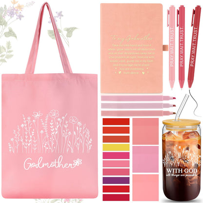 Talltalk 14 Pcs Godmother Appreciation Gift Set for Women 16oz Glass Canvas Bag A5 Journal Ballpoint Pen Notes Highlighter for Mother's Day Easter Birthday Wishes(Pink)