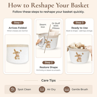 Bunny Storage Basket for Nursery – Large 15"x11" Cotton Rope Bin with Soft Embroidered Bunny Patch – Toy Organizer, Baby Laundry Hamper, Blanket & Diaper Holder – Foldable, Washable & Baby-Safe