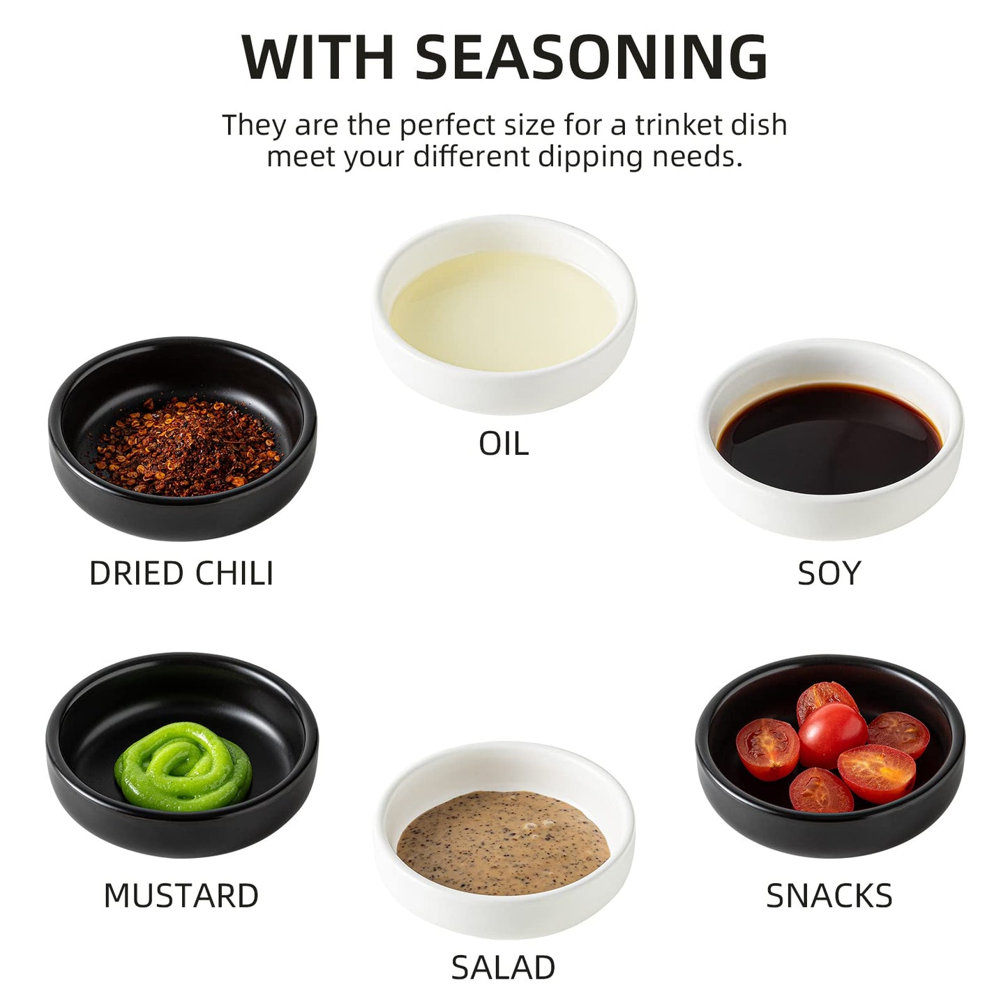 KAMAIDI Dipping Bowls Set, Ceramic Sauce Dishes, 2 oz Soy Sauce Dish, Side Bowls, Small Bowls for BBQ, Condiments, Appetizer, Dessert, Sushi, Set of 6 (White)