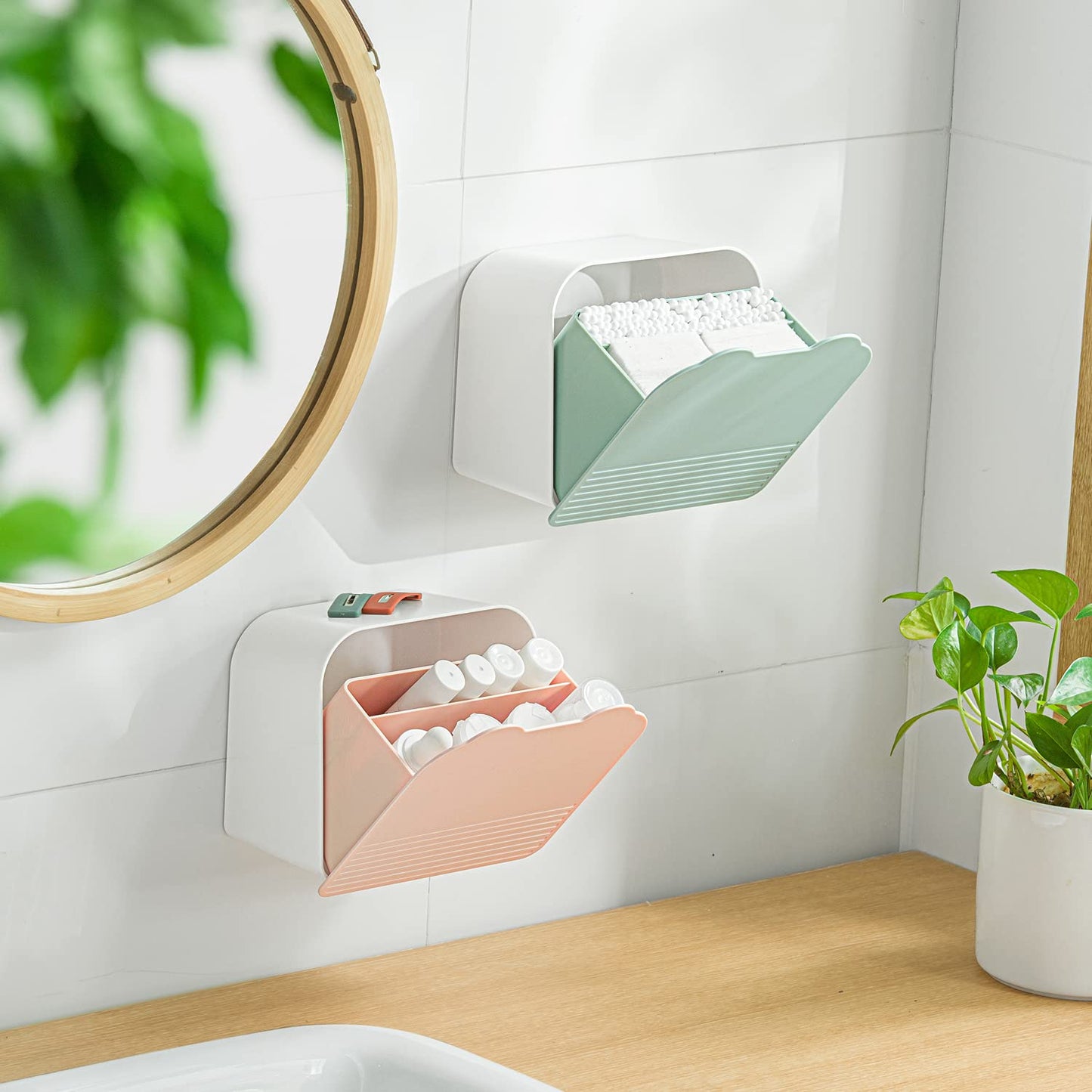 MORNITE Wall Organizer Box Jar, Bathroom Vanity Storage Canister Holder for Cotton Swabs,Balls,Makeup Pads,Sponges,Bath Salts,Sanitary Napkins, Kitchen Office Bedroom Washroom,Pink