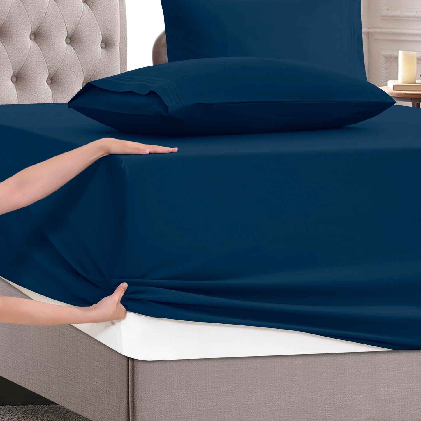 Mocassi Full Size 4-Piece Bed Sheet Set - 1800 Premium Hotel Quality Microfiber 18-24 Inches Extra Deep Pocket Fitted Sheet- Luxury Soft, Breathable, Wrinkle, and Fade Resistant, Navy Blue