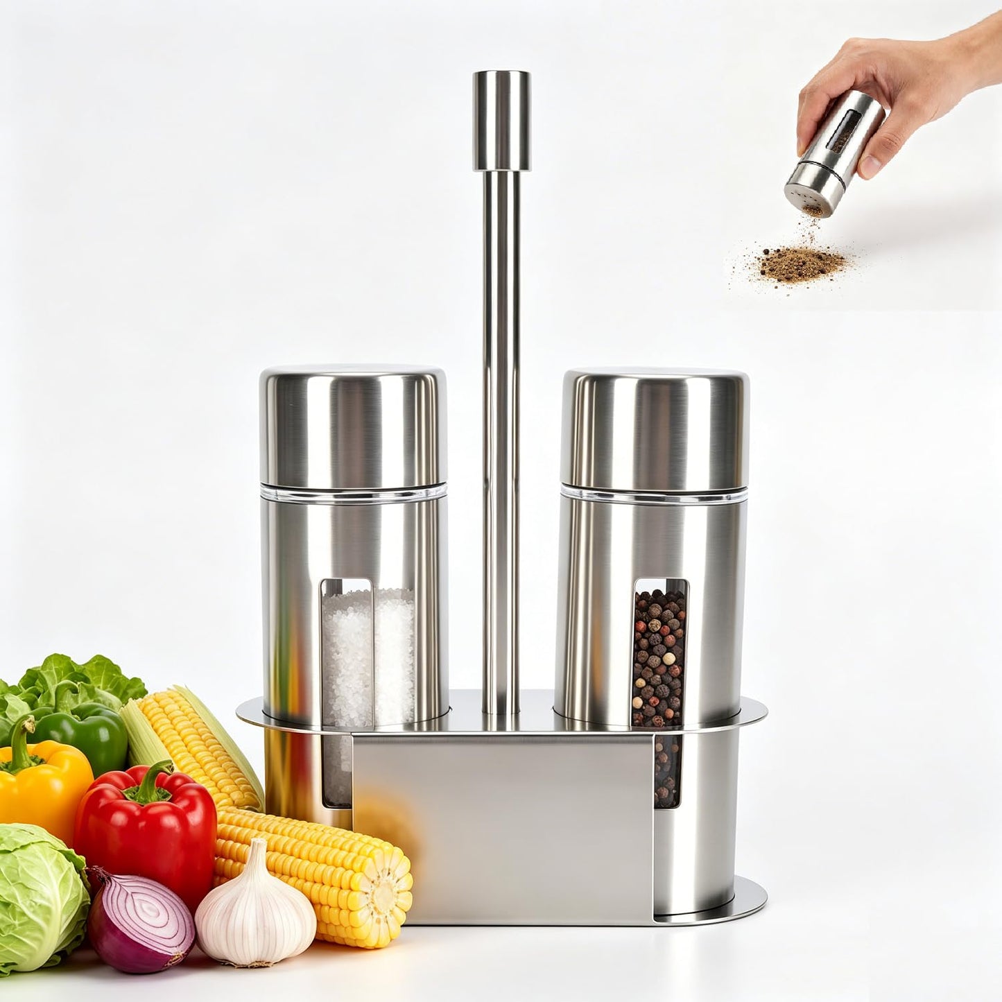 2 Pcs Salt and Pepper Shakers Set, Seasoning Grinder Bottle Set Stainless Steel Salt Pepper Containers Set with Shelf and Caps, Spice Rack for Kitchen (Large)