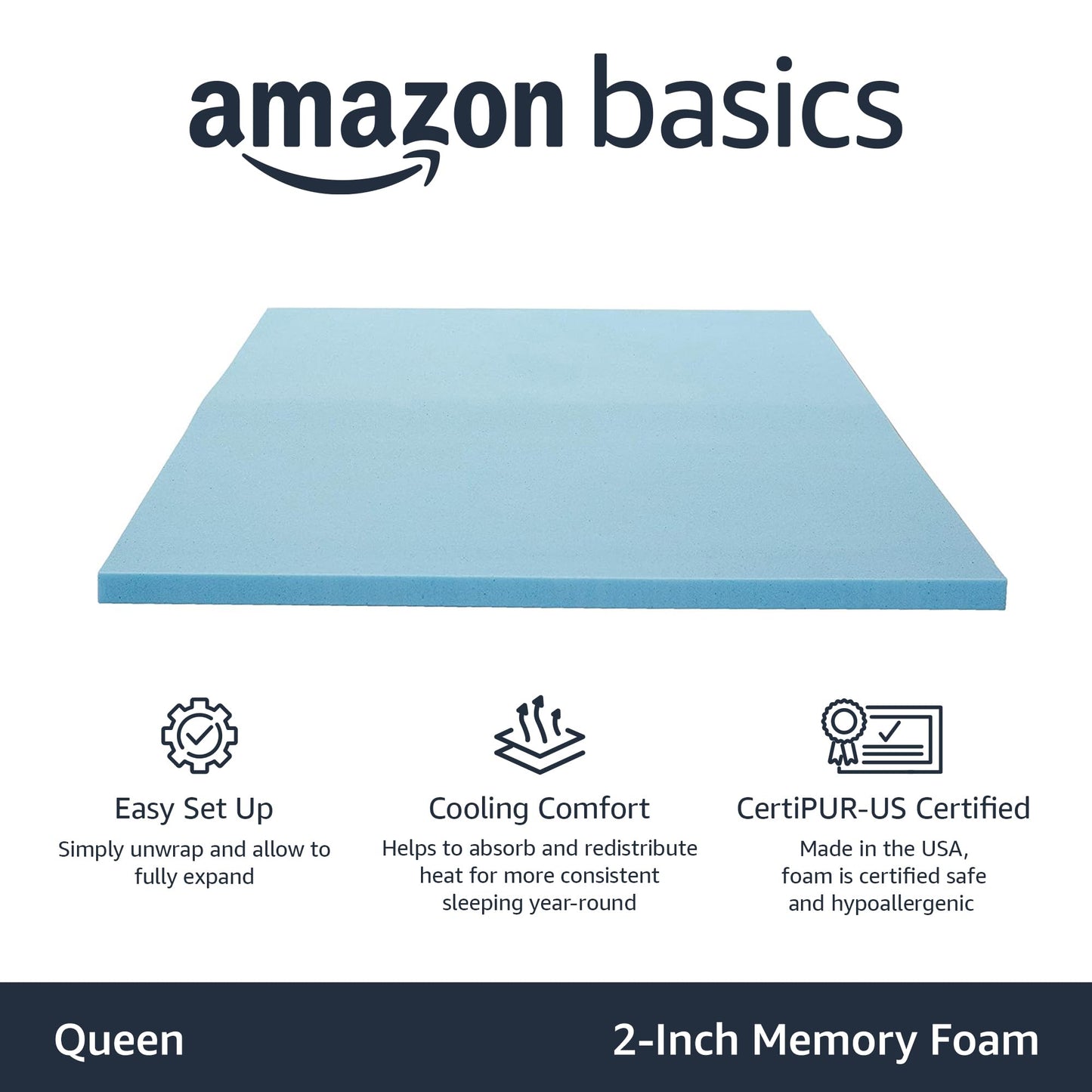 Amazon Basics Queen Cooling Gel-Infused Memory Foam Mattress Topper for Better Sleep, CertiPUR-US Certified, 2 inches, Blue