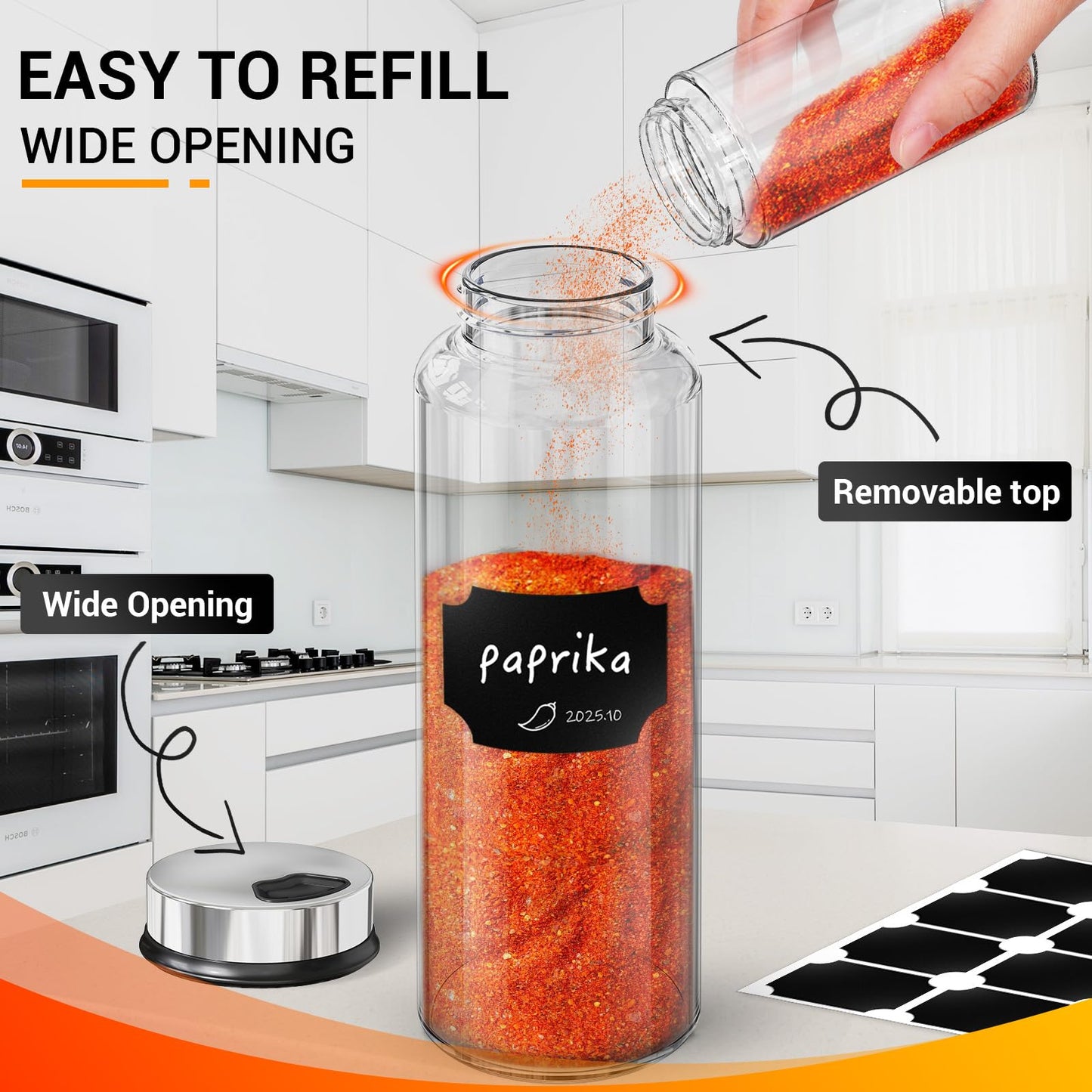 Segarty 15oz Spice Jar with Accessories, 1 Pack 450ml Glass Salt Pepper Bottle with Shaker Lids for Seasonings Storage, Large Condiment Container with 8 Blank Labels, 1 Cleaning Brush, 1 Chalk Marker