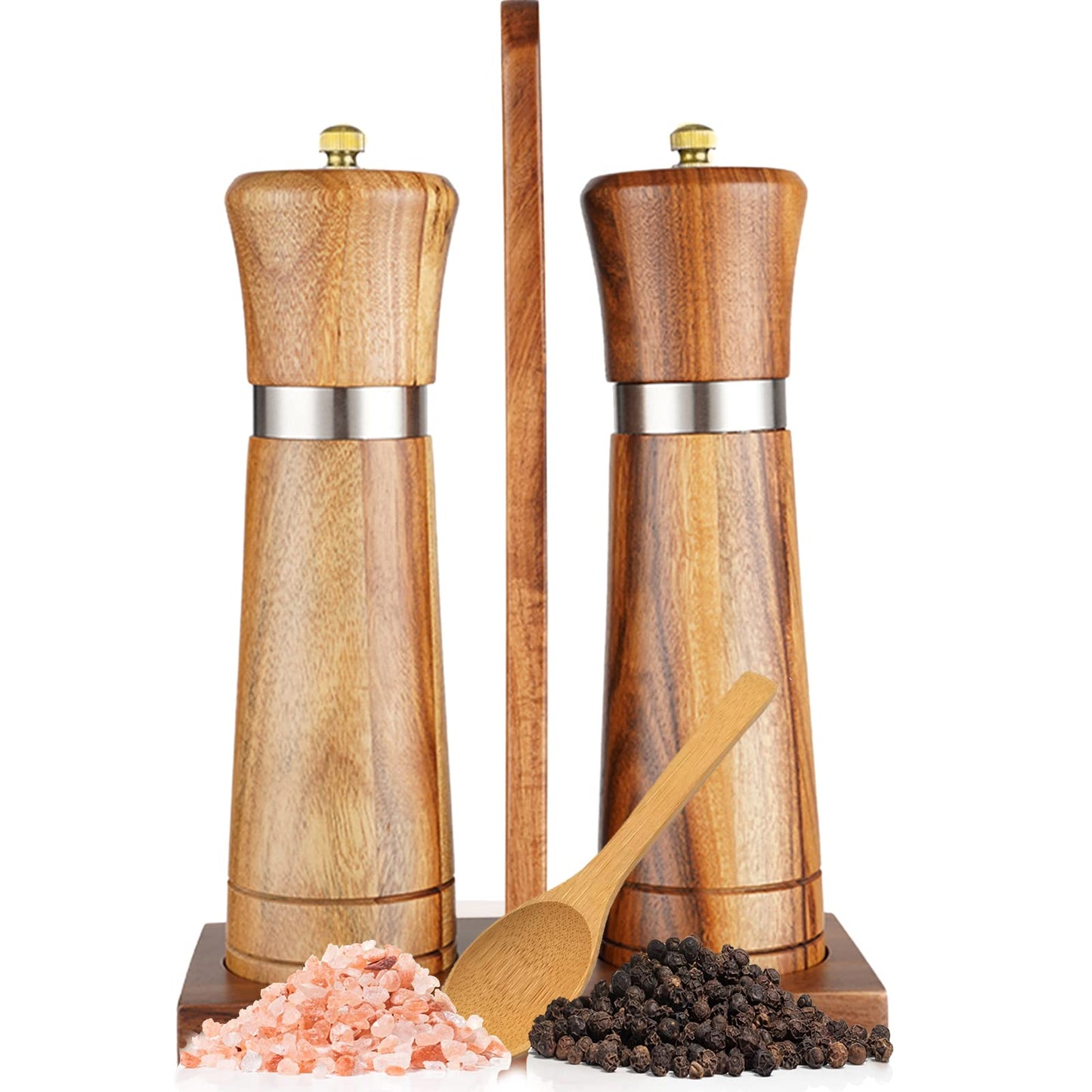 Ninefish Wooden Salt and Pepper Grinder Kit,Wood pepper mill,8-inch manual Teak Wooden Salt and Pepper Shakers, Pepper and salt grinders are combined with Wooden Stand Holder Tray and Wooden Spoon