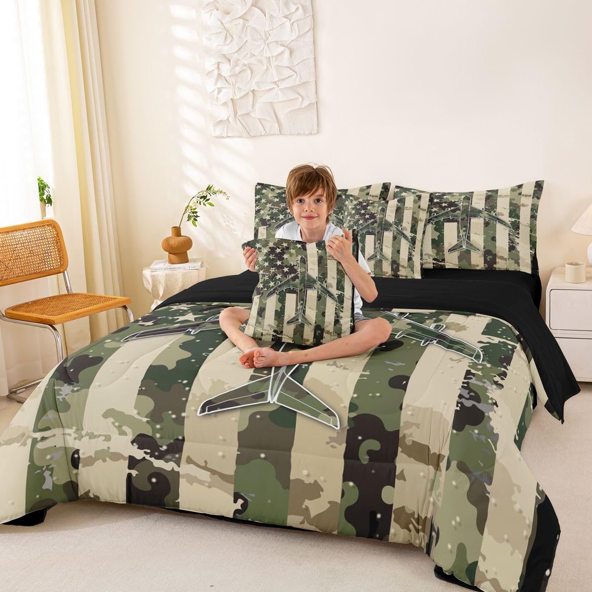 Erosebridal 7 Pcs Camo American Flag Comforter Set Twin Camouflage Military Aircraft Bedding Set for Boys Kids Teens Men Army Green Airplane Bed in A Bag with Sheets Vintage Patriotic Plane Bed Sets