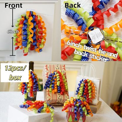 Lakkity 12Pcs Bows for Gift Wrapping, 6 Inch Curly Ribbon Bows, Self Adhesive Burst Gift Bow for Presents,Paper Bag, Baby Shower Favors, Wrapping Accessories, Wedding Decor (Green Orange Red)