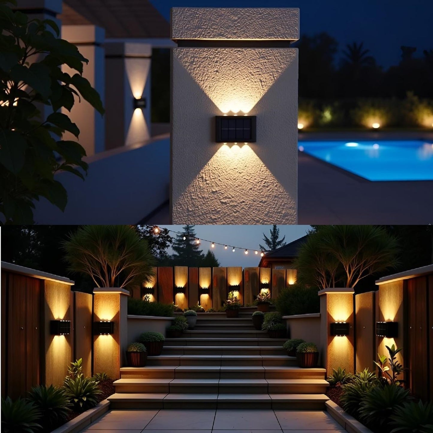 ASLIDECOR Solar Fence Lights Up and Down, 2 Pack Small Solar Step Light Waterproof, Warm White Deck Lighting Illuminate Outdoor for Patio Shed Pool
