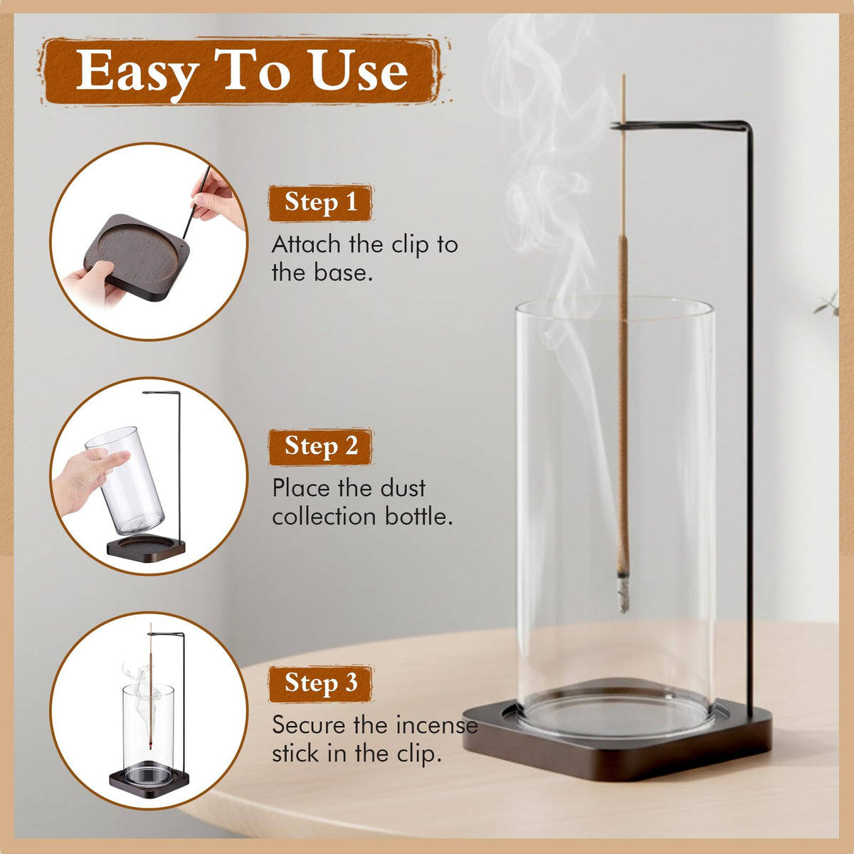 BreezeHug 6 Pack Incense Holder for Sticks Upside Down Anti-Ash Flying No Mess Wooden Incense Stick Burner with Detachable Ash Catcher Modern Vertical Incenses Holder for Yoga Spa Home, 3 Sizes