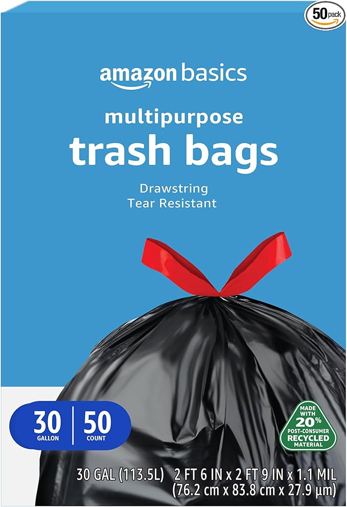 Amazon Basics 30 Gallon Multipurpose Drawstring Trash Bags, 20% Post Consumer