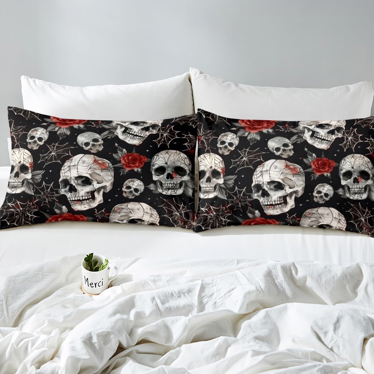 jejeloiu Halloween Decor Bed Sheets Set Twin Size Spider Web Deep Pocket Fitted Sheet Gothic Skull Bedding Sets Rose Blossoms Print Soft Bed Set 3Pcs with 1 Pillow Cases