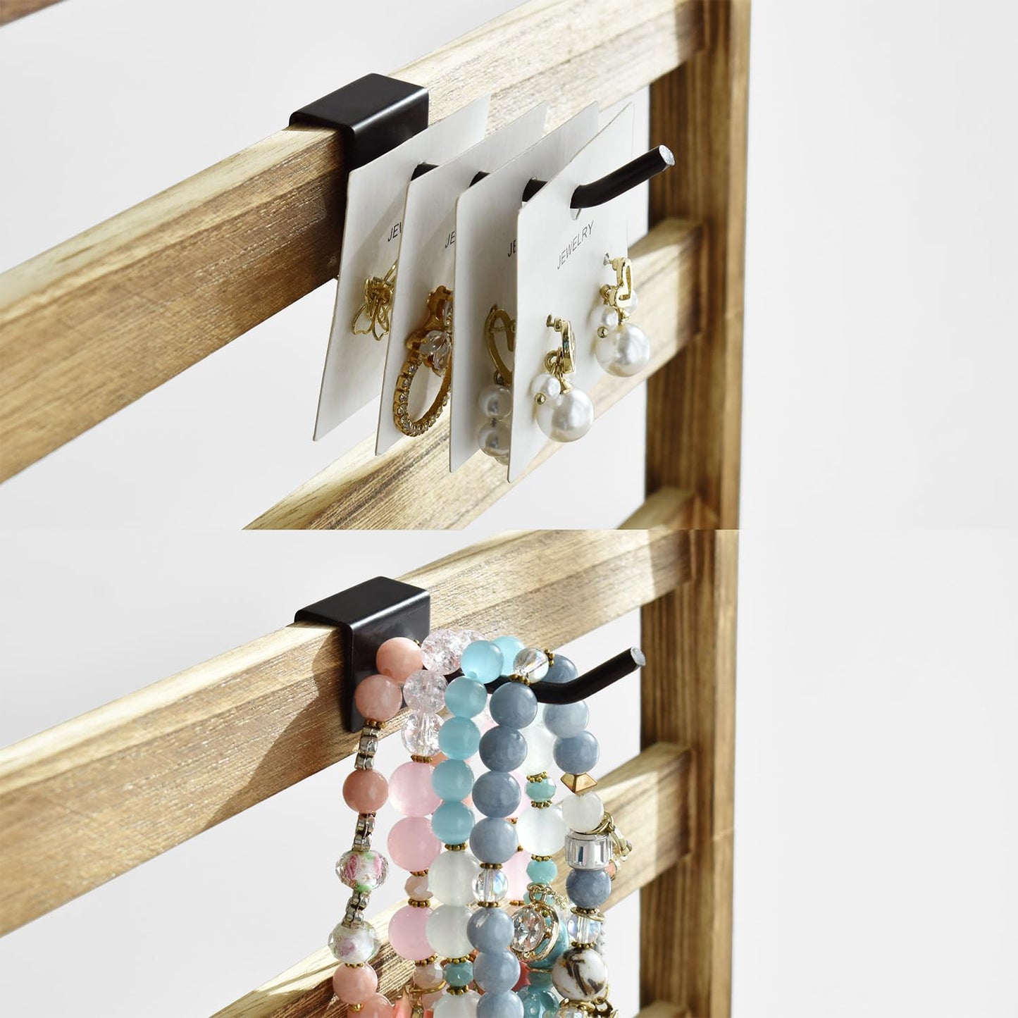 Ikee Design Free Assemble 2 Pcs Set Wooden Jewelry Display Rack with 20 Removable Metal Hooks/Each, Earring Display Holder Stand for Earring,Necklaces,Bracelet, Keychain Stand, Oak Color