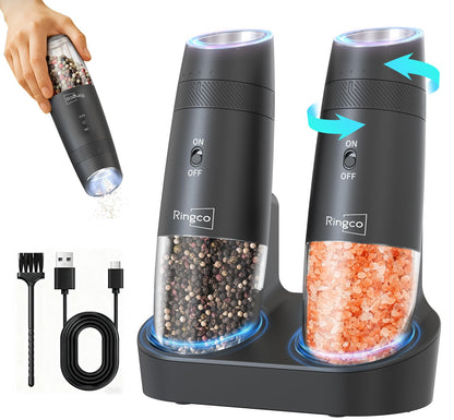 Ringco Gravity Electric Salt and Pepper Grinder Set with Charging Base, Automatic Gravity Salt and Pepper Mill with Adjustable Coarseness, LED Light, 135ml Large Capacity, Gifts for Women