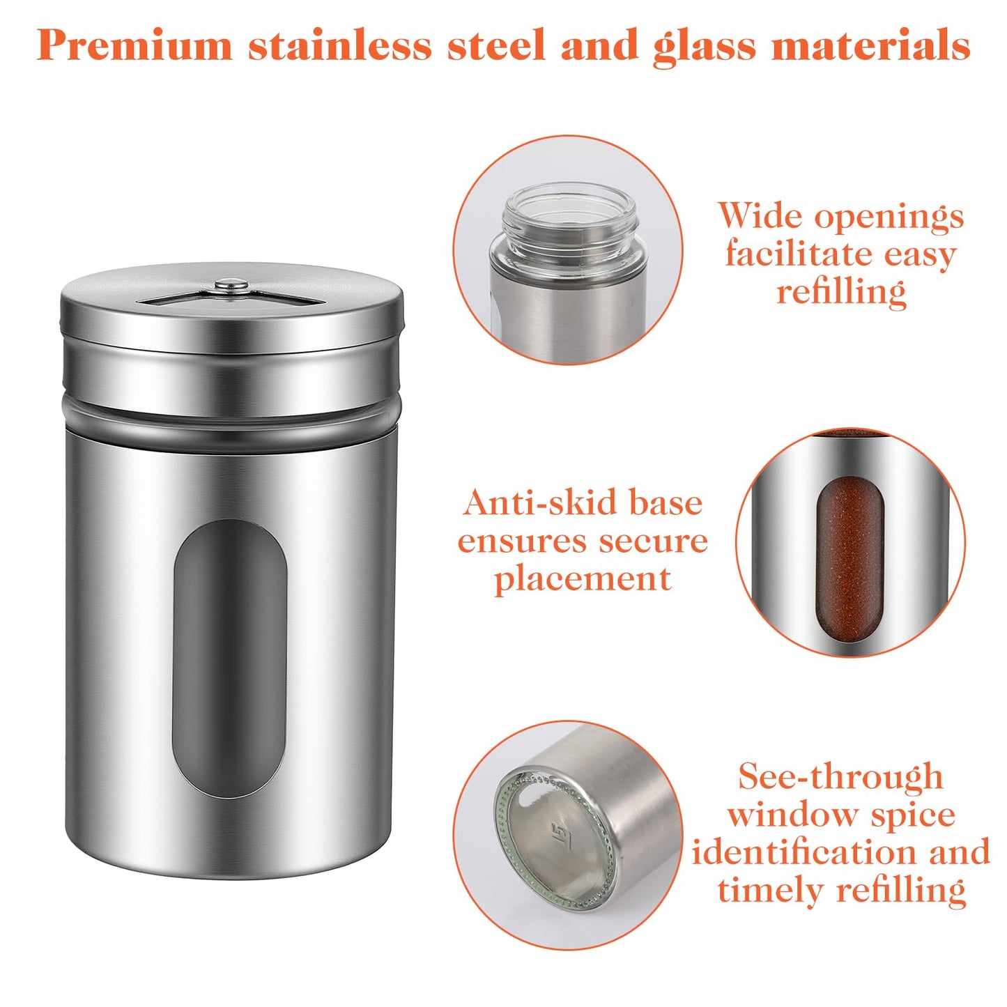 12 PCS Stainless Steel Salt and Pepper Shakers Set with Adjustable Pour Holes and Glass Window Seasoning Shakers with Rotating Lid Spice Dispenser Shaker for Seasoning, Sugar, Cinnamon, Home Kitchen