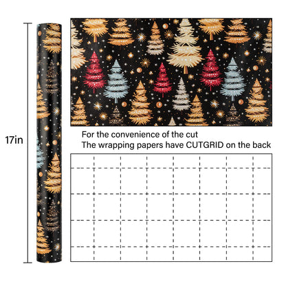 Garbendy Christmas Wrapping Paper Roll - 17 Inch X 32.8 Feet - Colorful Gold ChristmasTree Forests Design with Cut Lines on back for Christmas, Holiday, Party, Celebration
