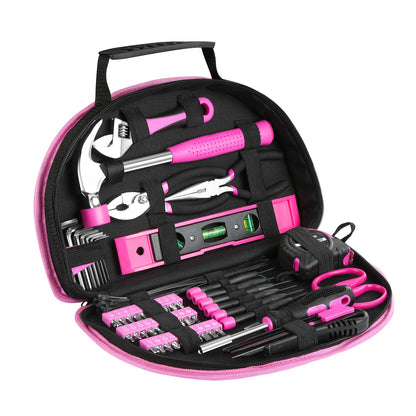 EXCITED WORK 89 Piece Pink Tool kit, Ladies Hand Tool Set with Easy Carrying Round Pouch Household Tool Kit Perfect for DIY, Home Maintenance and Dorm Repair