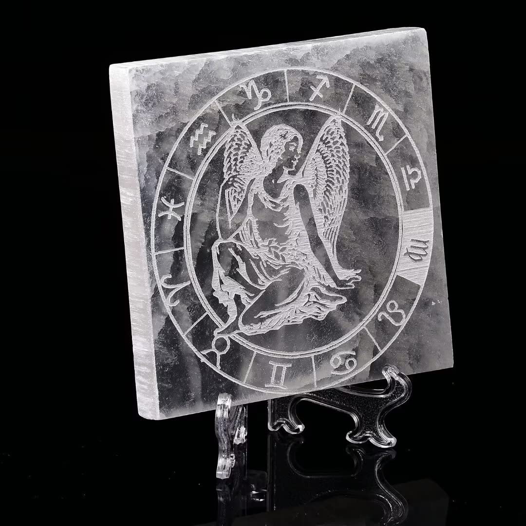 AMOYSTONE Selenite Crystal Charging Plate for Healing Crystal Stone Selenite Pieces Square Slab Etched Virgo 4" with Stand