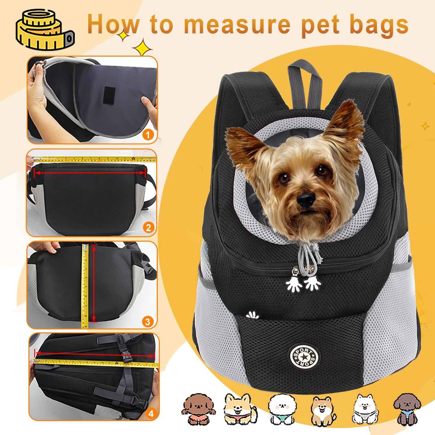 M MUNCASO Dog Carrier Backpack Small Pet Travel Bag Puppy Pet Front Pack with Breathable Head-Out Design and Waterproof Bottom Airline Approved for Outdoor Hiking Travel (M,Black)
