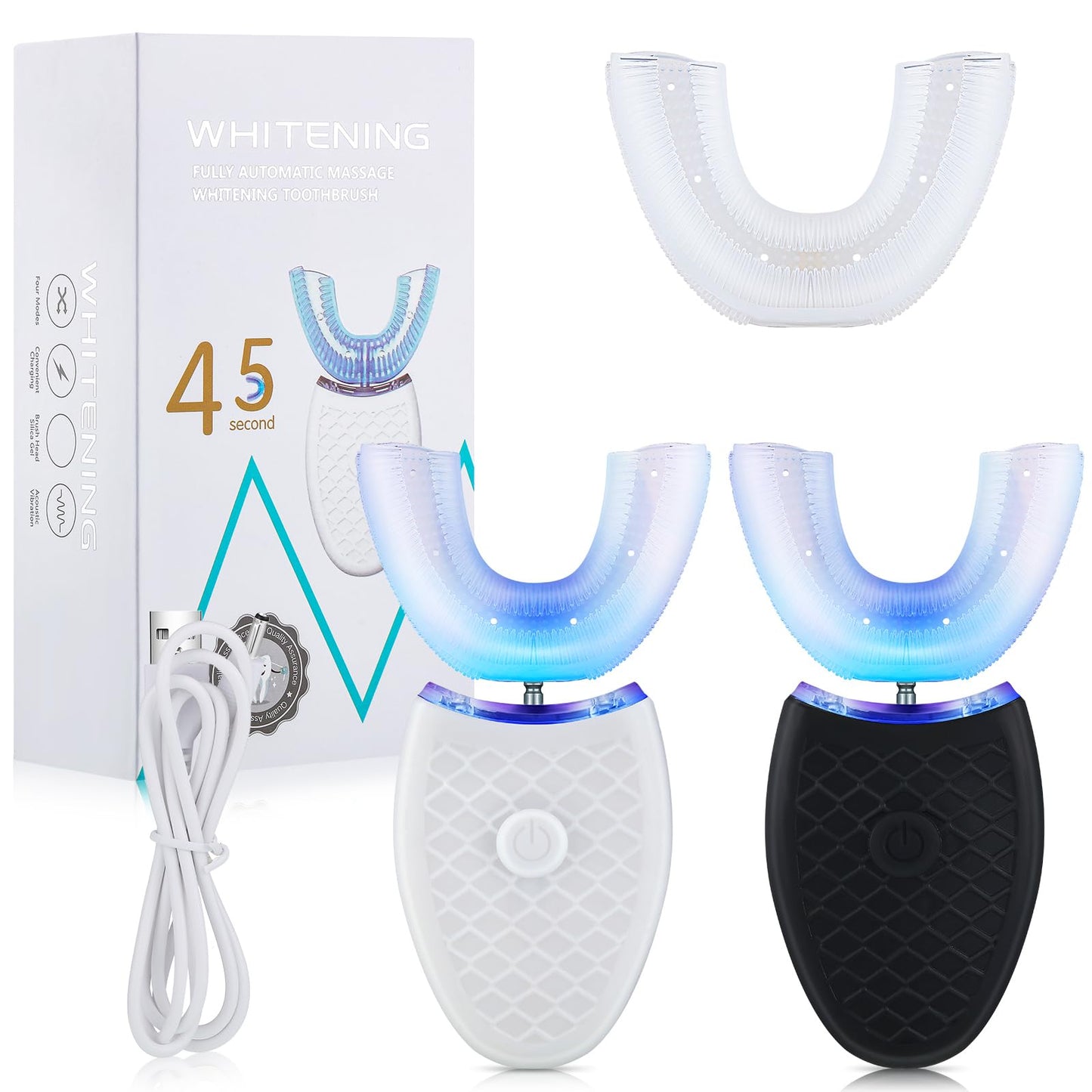 Romooa 2 Pieces Ultrasonic Electric Toothbrush Adults U Shaped Automatic Toothbrushes for Teeth Whitening, 3 Brush Heads, Whole Mouth 360 Degree Cleaning Hands Rechargeable IPX7 Waterproof (No Base)