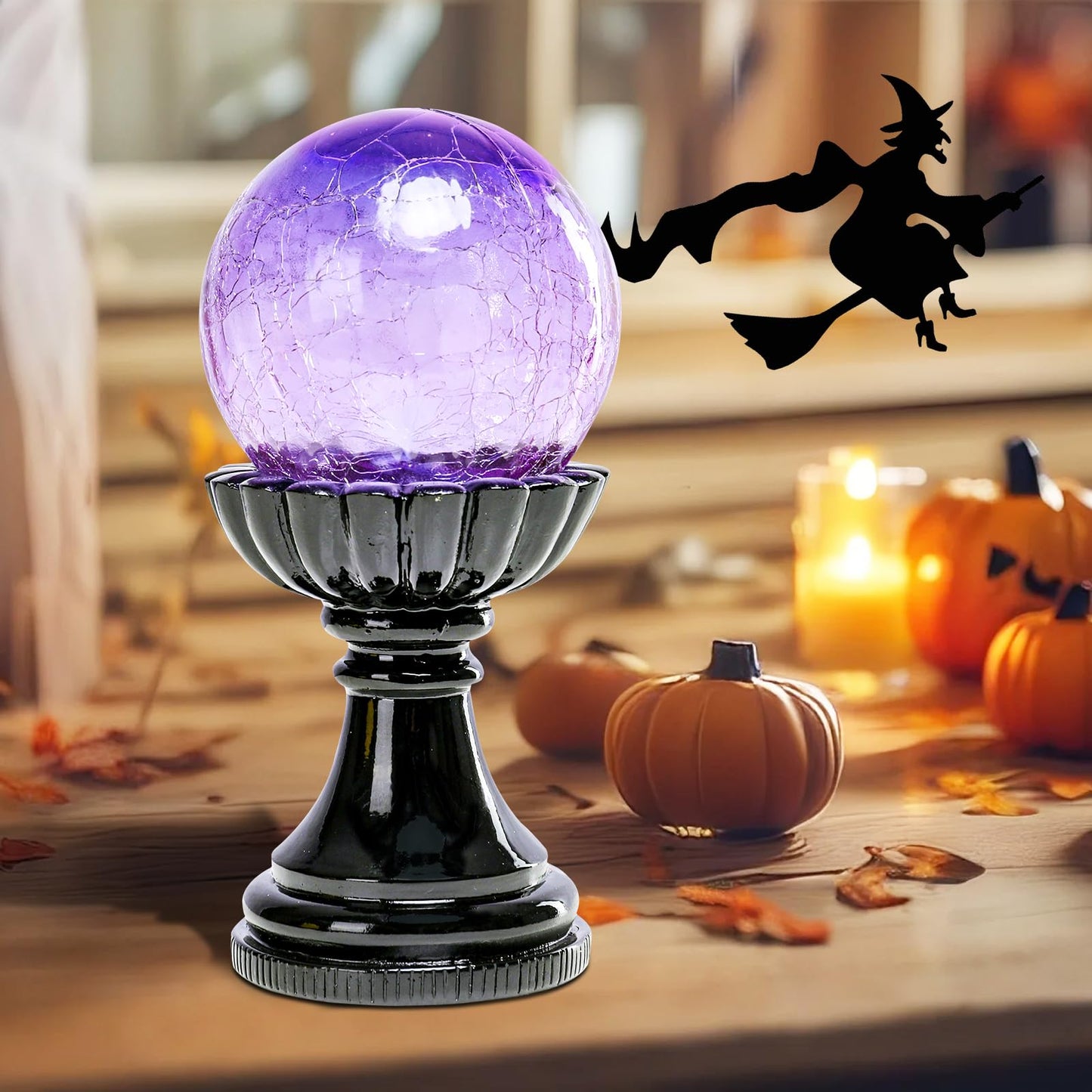 MUMTOP Halloween Indoor Decorations, Purple Glass Crackle Globe with LED Light Halloween Magic Ball Figurine Resin Statue for Home Kitchen Room Party Table Decor
