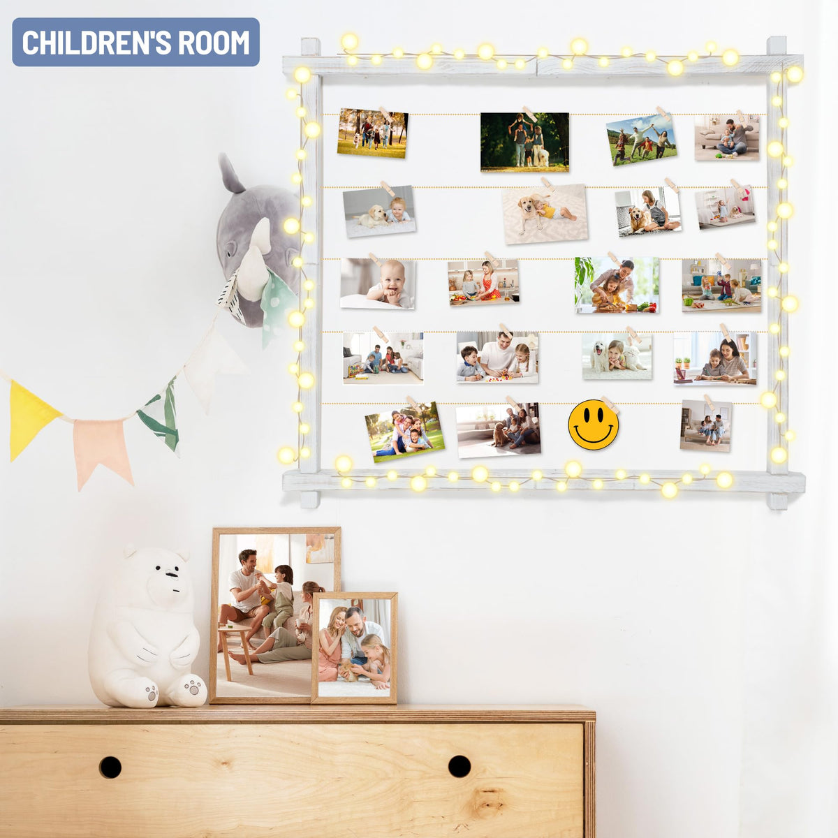 Wood Picture Frames Collage,Photo Display With 30 Clips,Hanging Picture Board Wall Decor for Dorm Graduation Letter Postcard Greeting Card Organizer,Pine,Adjustable Bead String,2 Pack,(Rustic White)