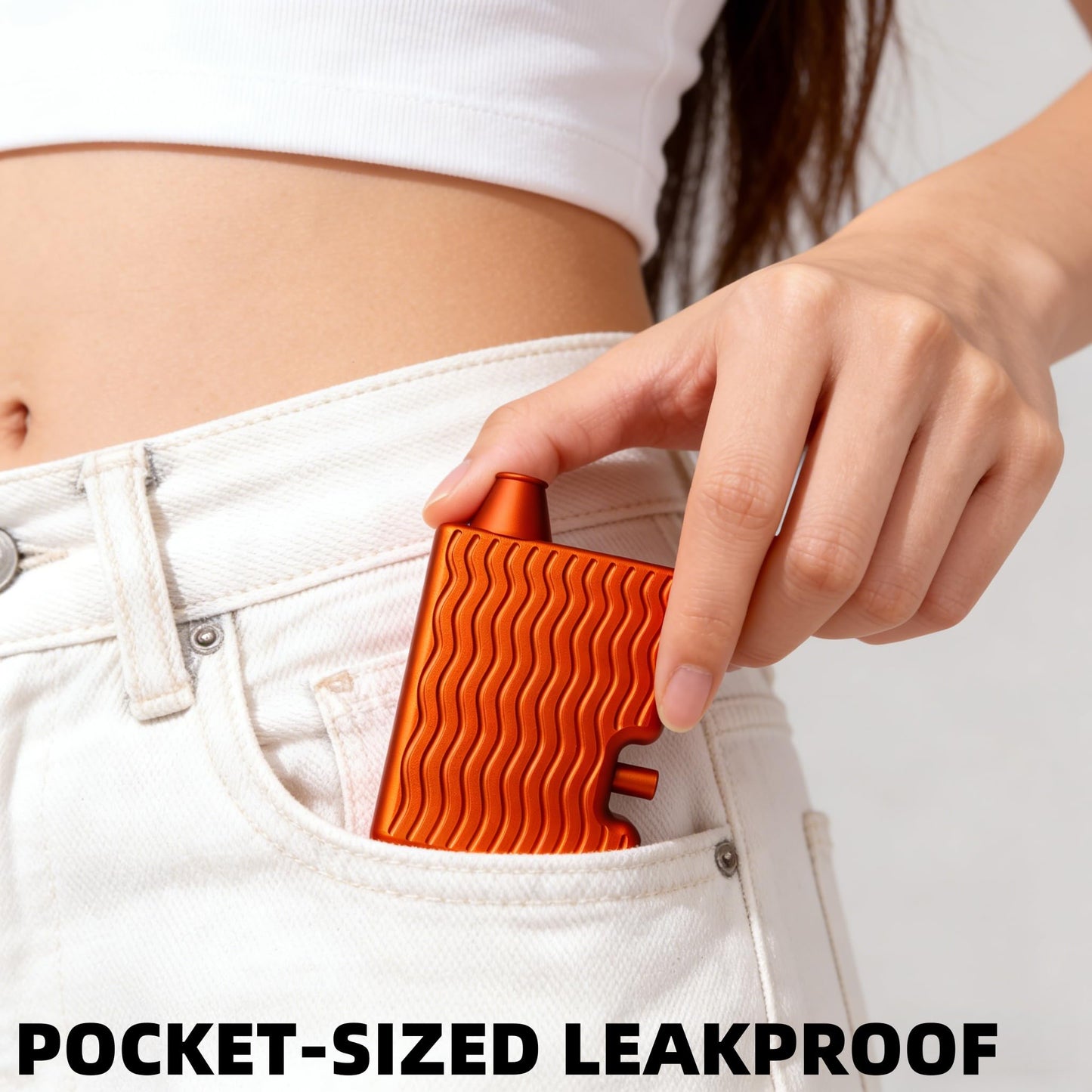 Pepper Shaker Powder Dispenser | Aviation-Grade Aluminum Alloy | One-Button Operation | Magnetic Loading Door | Leak-Proof Discreet Wave-Textured Design | Pocket-Sized (Matte Orange)