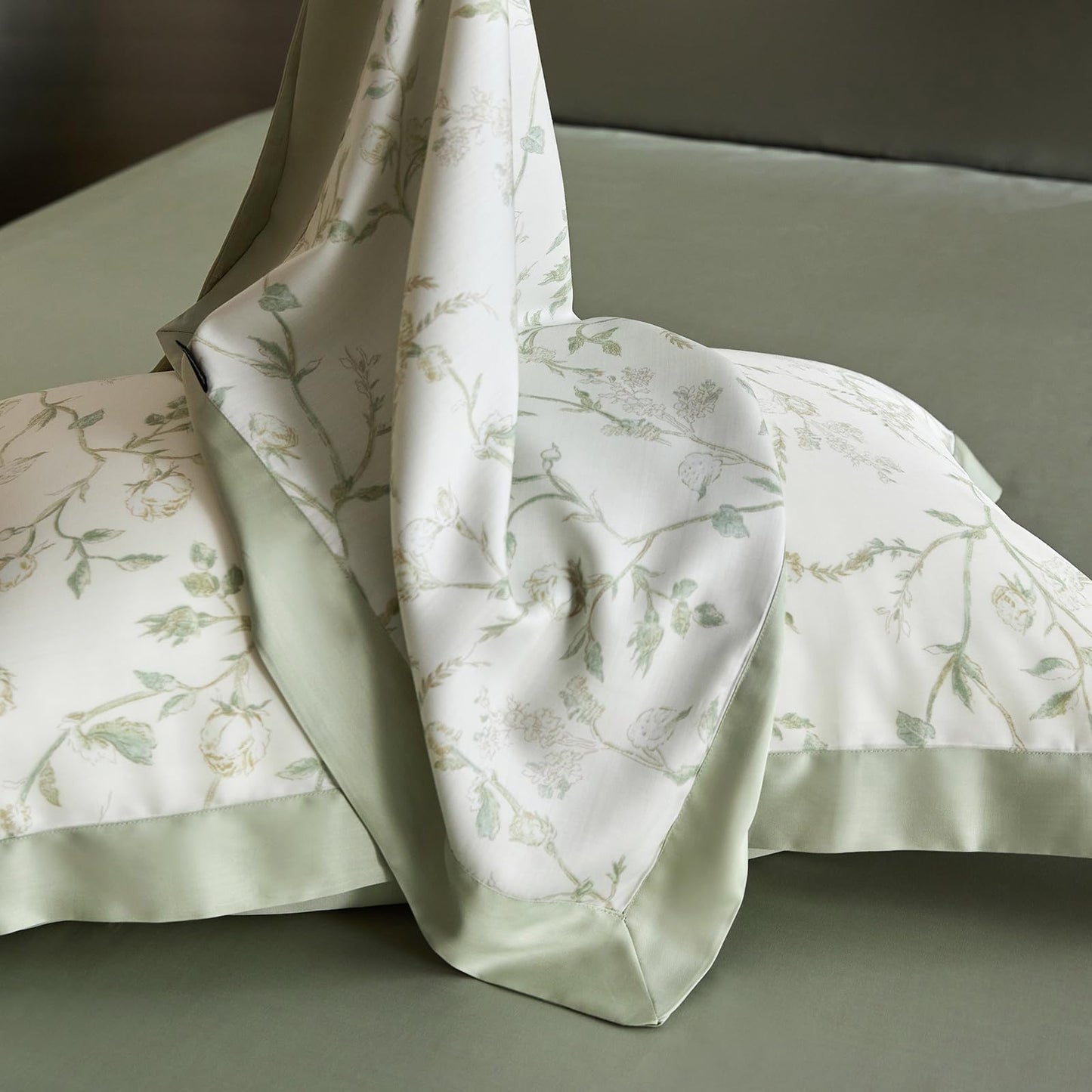 VM VOUGEMARKET Lyocell Duvet Cover Set Queen with Green Floral Pattern,Silk-Like Smooth & Cool Comforter Cover Set with Corner Ties-Queen,Mint Green