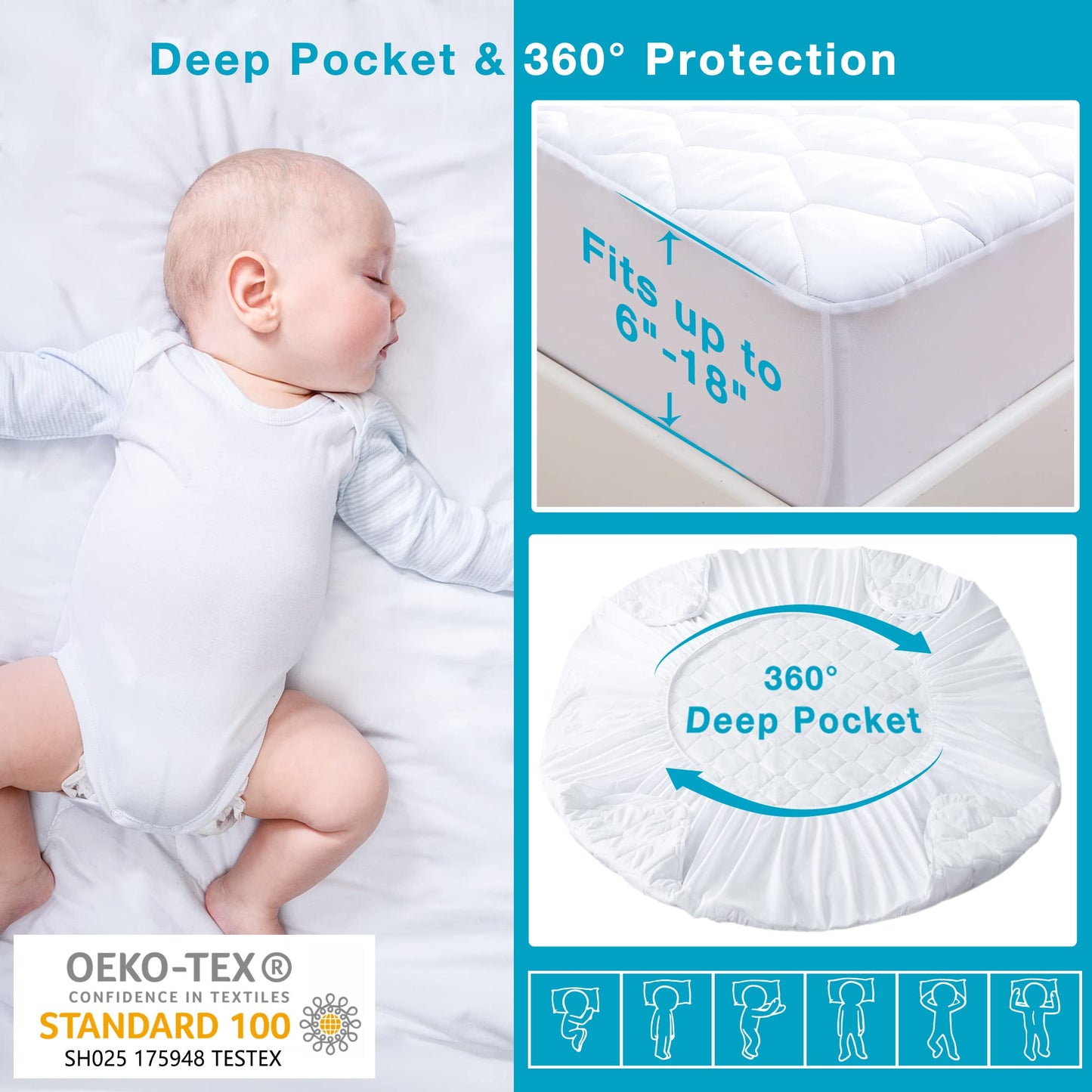 Lunsing Soft Queen Waterproof Mattress Protector, Breathable Queen Size Mattress Pad Cover, 6-18 Inches Deep Pocket, White