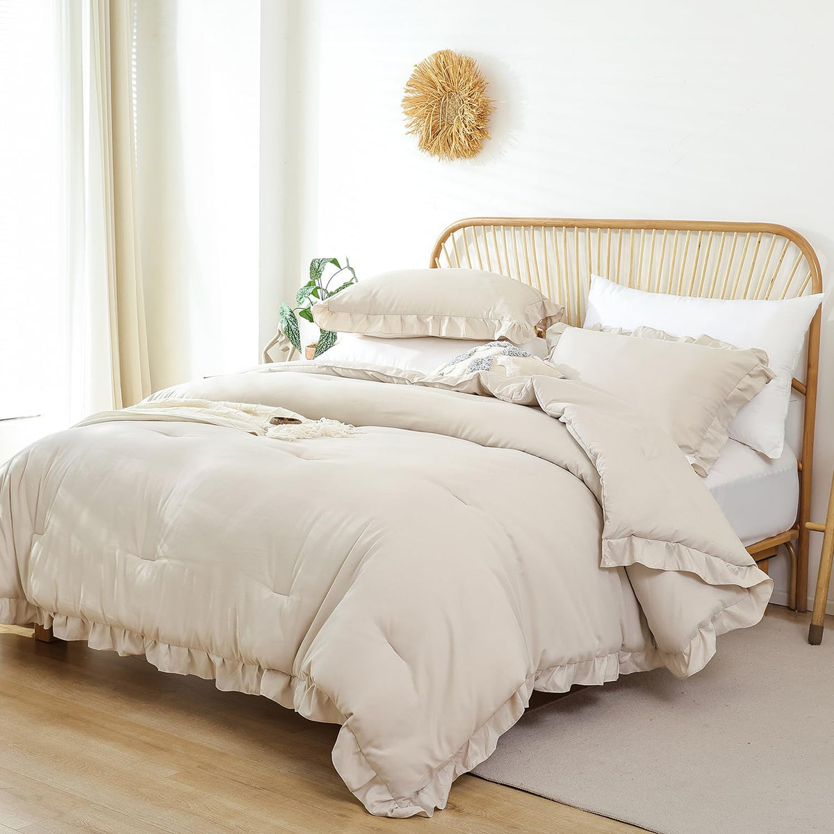 JANZAA Beige Comforter Set Queen – Soft Microfiber, Lightweight All Season Bedding, Ruffle Shabby Chic Aesthetic, Breathable Cozy Bed Set with 2 Pillow Shams, Machine Washable
