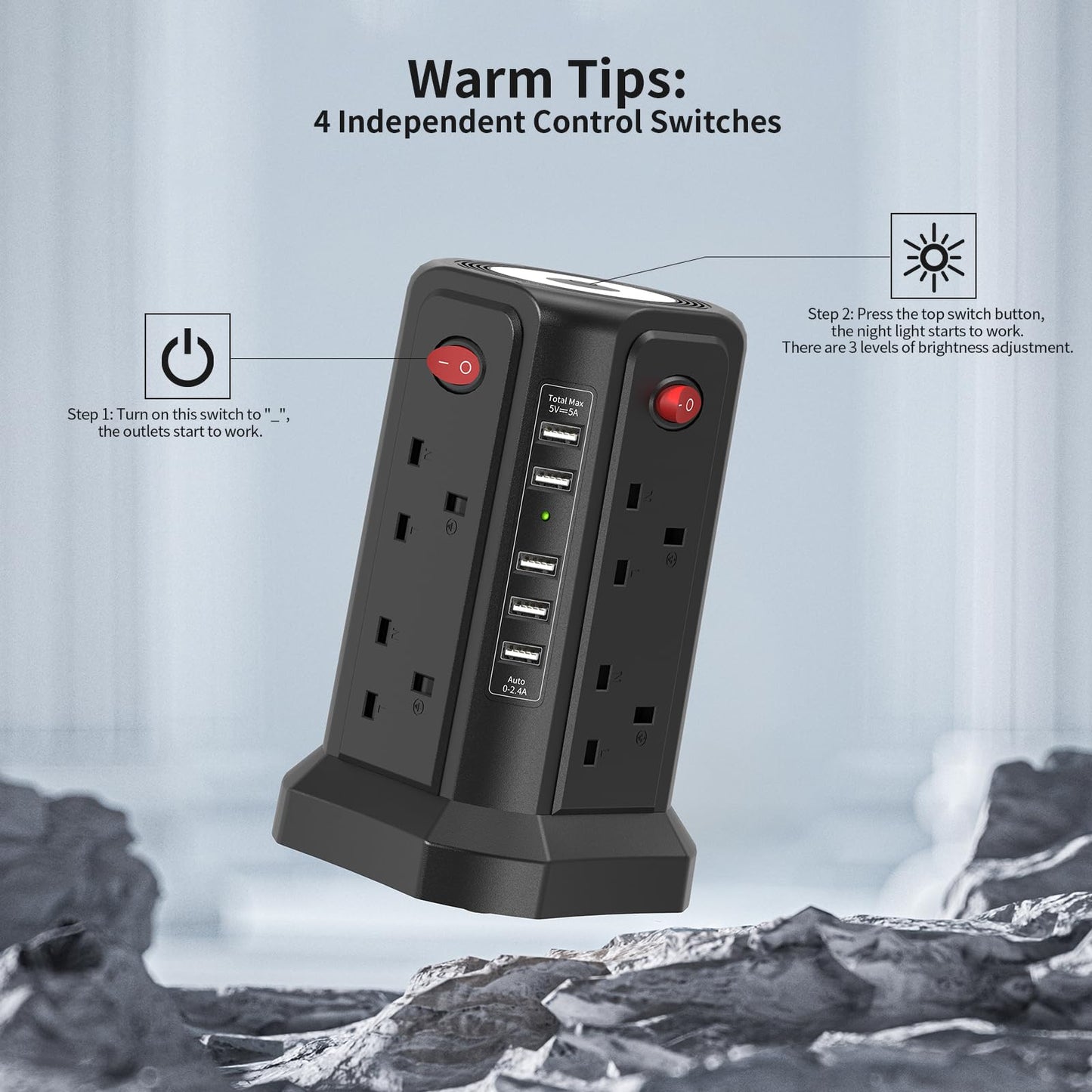 Tower Extension Lead with USB Slots and Night Light, (13A 3250W)5 USB Ports & 8 Way Socket Extension Tower, Surge Protected Extension Lead with 4 Switches, 1.8M Extension Cable for Home, Office