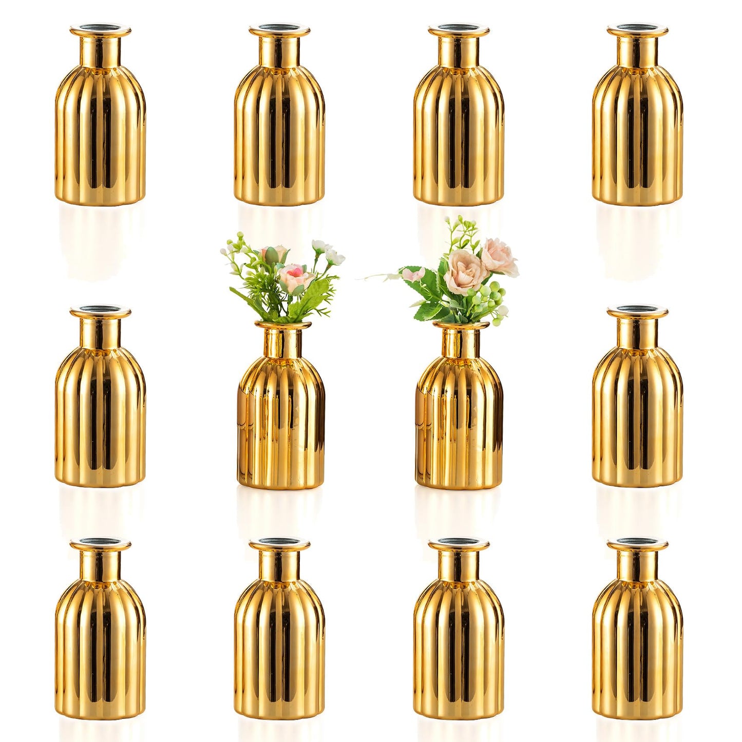 NUPTIO Bud Vases Small Gold: 12 Pcs Glass Vase Set in Bulk for Flowers - Mini Vintage Flower Bottle Single Vases for Wedding Table Centerpieces
