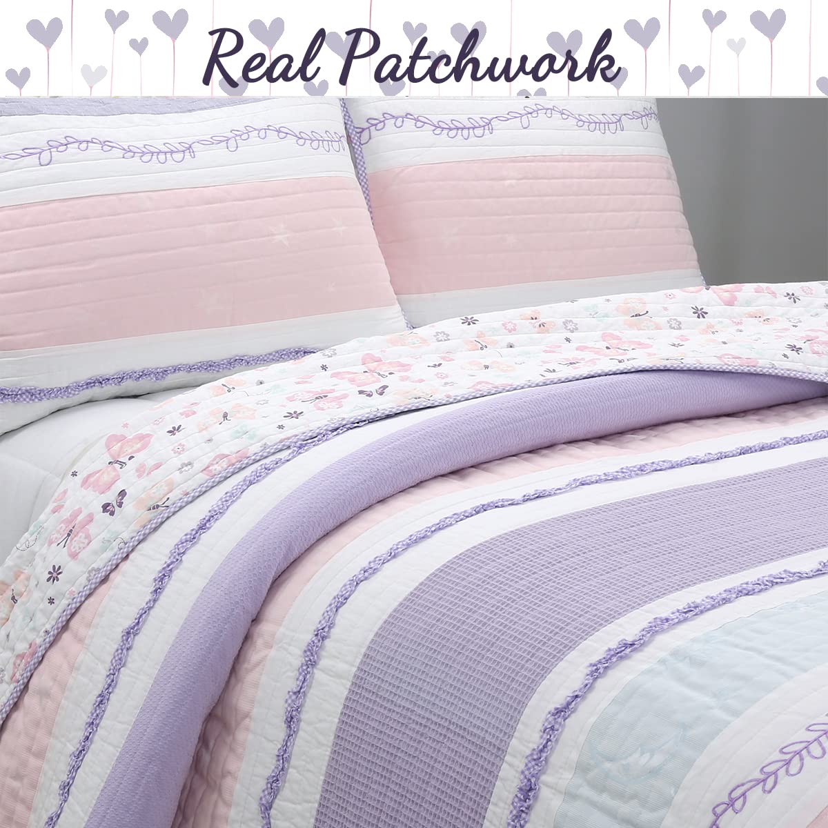 Cozy Line Home Fashions Lavender Blue Pink Ruffles Girl 100% Cotton Reversible Quilt Bedding Set, Coverlet, Bedspread (Lavender Dream, Twin - 2 Piece: 1 Quilt + 1 Sham)