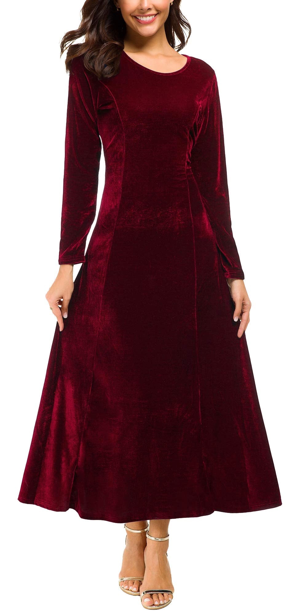 Urban CoCo Women's Elegant Long Sleeve Ruched Velvet Stretchy Long Dress (2XL, Wine red)