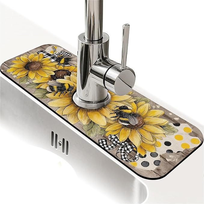 Kitchen Sink Splash Guard，Sunflower-with bumblebees Faucet Mat Sink