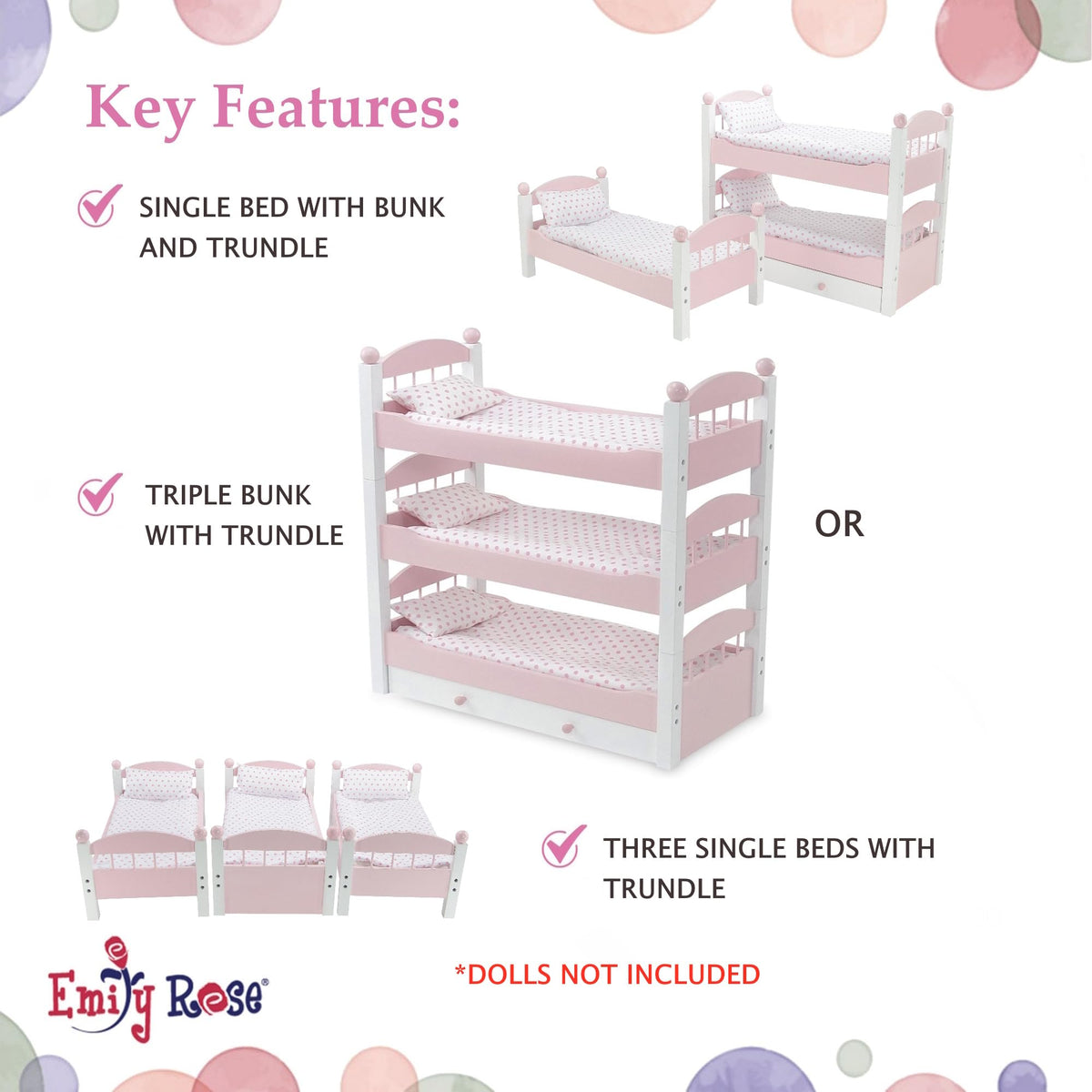 Emily Rose 18" Doll Triple Bunk Bed Set - 3 Stackable Beds with Bedding (Pillow, Mattress Blanket) & Storage Drawer | American Girl Compatible | Ages 5+