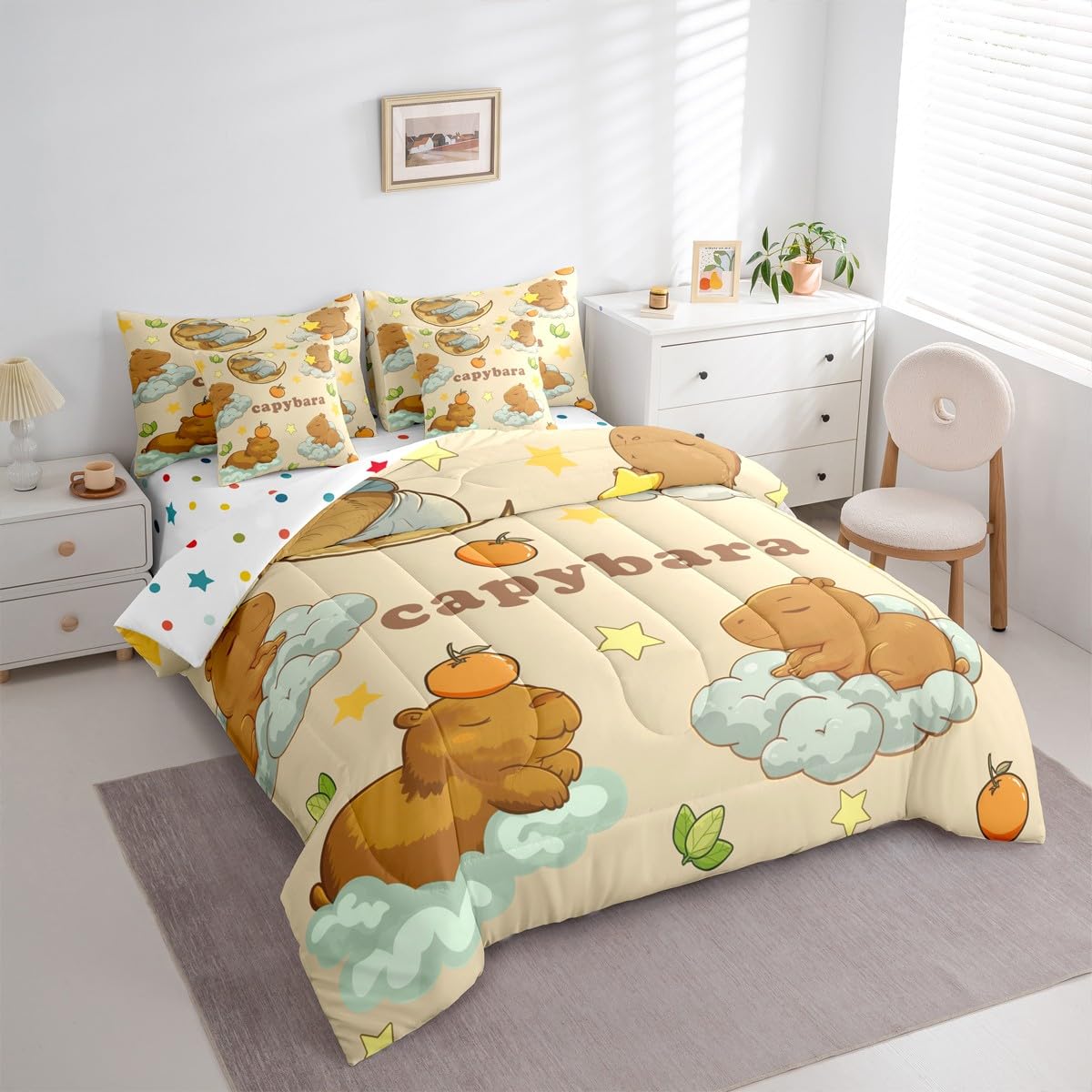 Capybara Dreams Queen Comforter Set Stars Cute Animal Bed in a Bag with Flat and Fitted Sheet for Kids Boys Girls Cute Capybara 7-Piece Bedding Set Dreamy Fantasy Cloud Animal Quilt Duvet Sets