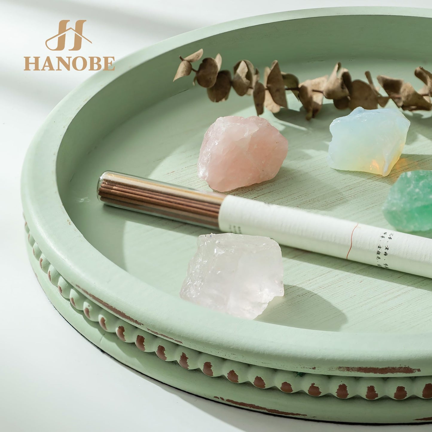 Hanobe Sage Green Tray Decor: Round Decorative Tray for Coffee Table Centerpiece - Wooden Candle Plate Holder for Rustic Farmhouse Home Living Room Kitchen Counter