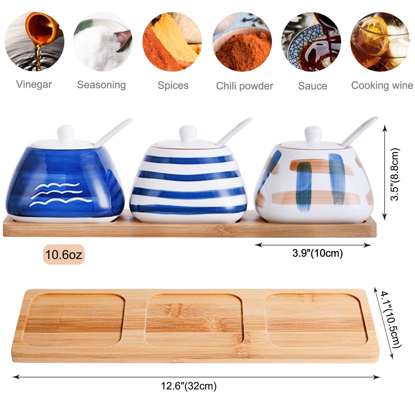 DGVR Porcelain Condiment Jar Spice Container with set of 3 Ceramic Condiment Pot Seasoning Box with Ceramic Serving Spoon and Lid - Bamboo Tray Porcelain Sugar Bowl for Home Kitchen 300ml (10.6oz)